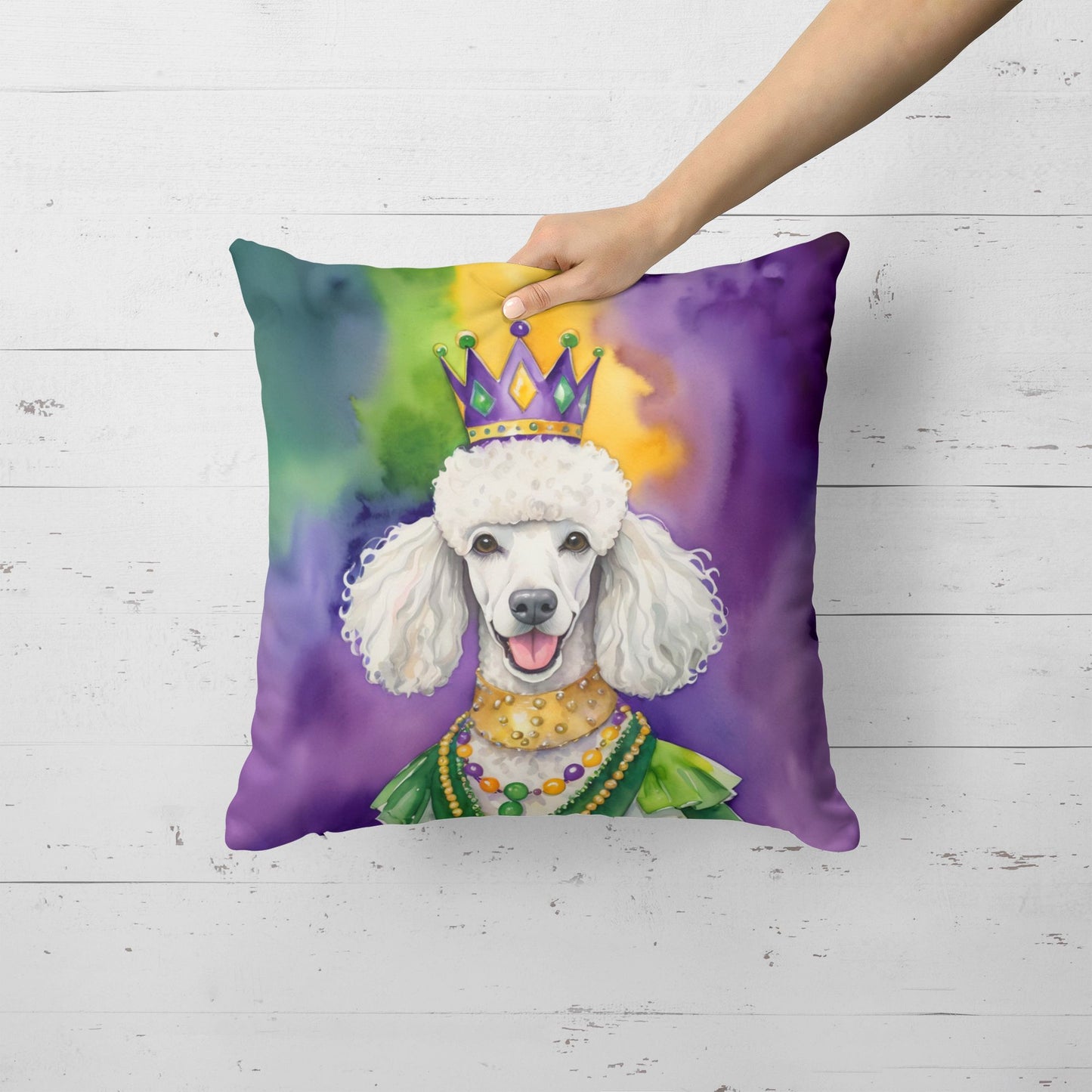 White Poodle King of Mardi Gras Throw Pillow Machine Washable, Indoor Outdoor Decorative Pillow for Couch, Bed or Patio, 18Hx18W