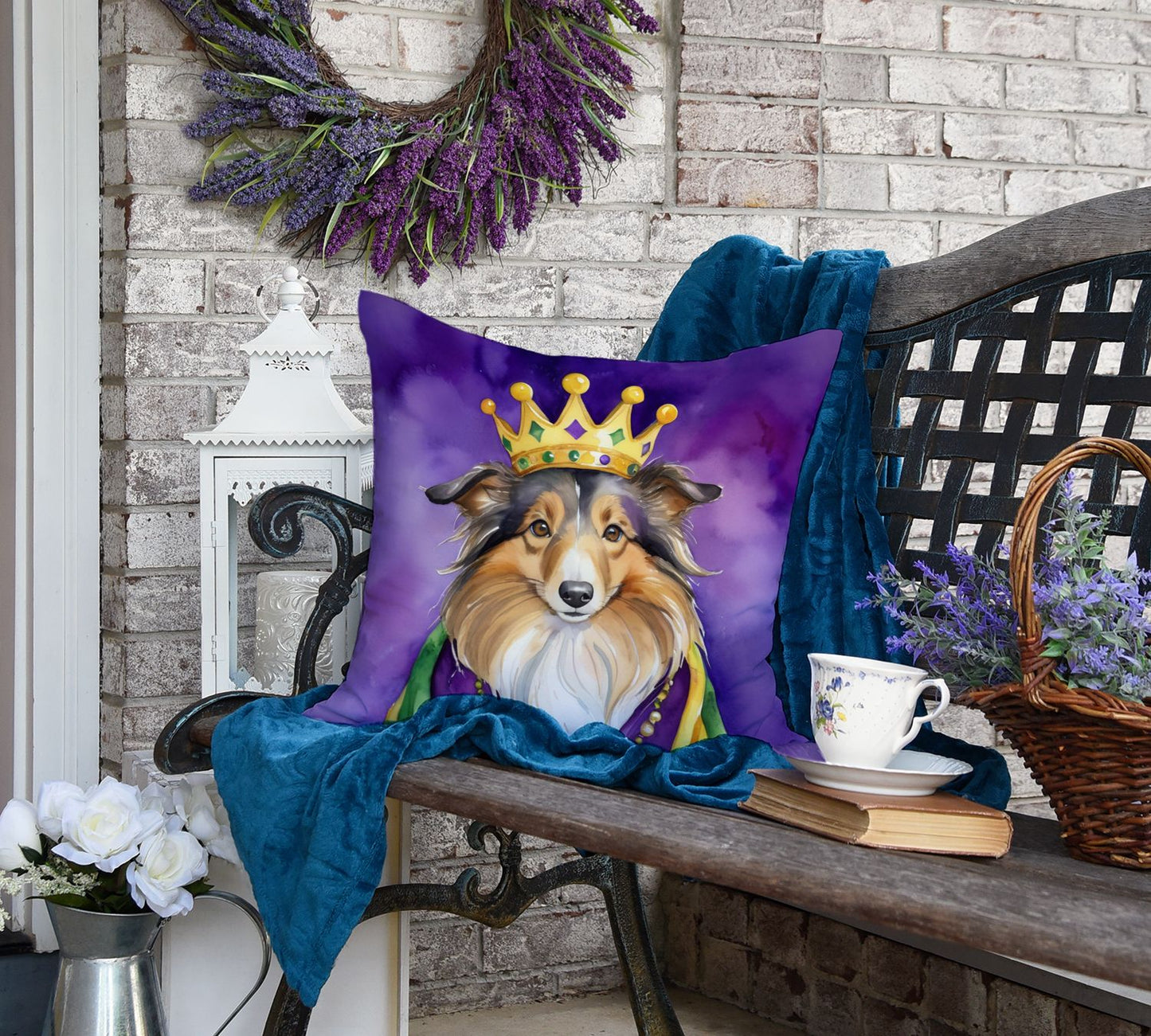 Sheltie King of Mardi Gras Throw Pillow Machine Washable, Indoor Outdoor Decorative Pillow for Couch, Bed or Patio, 18Hx18W