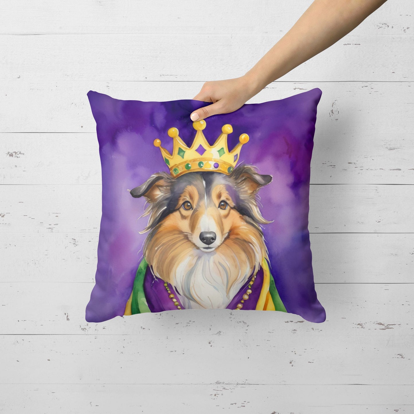 Sheltie King of Mardi Gras Throw Pillow Machine Washable, Indoor Outdoor Decorative Pillow for Couch, Bed or Patio, 18Hx18W