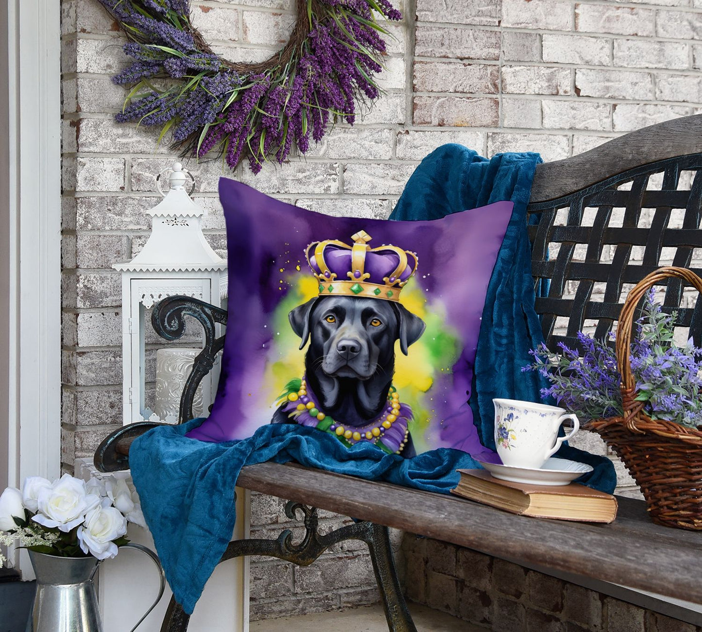 Labrador Retriever King of Mardi Gras Throw Pillow Machine Washable, Indoor Outdoor Decorative Pillow for Couch, Bed or Patio, 18Hx18W
