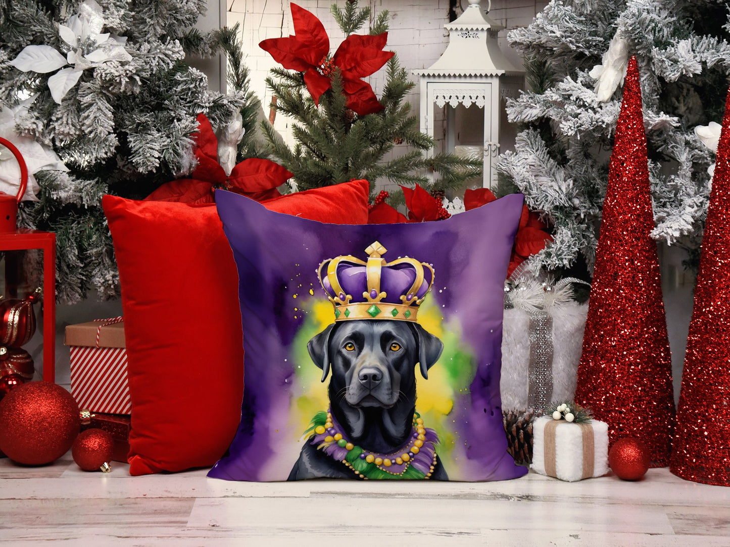Labrador Retriever King of Mardi Gras Throw Pillow Machine Washable, Indoor Outdoor Decorative Pillow for Couch, Bed or Patio, 18Hx18W