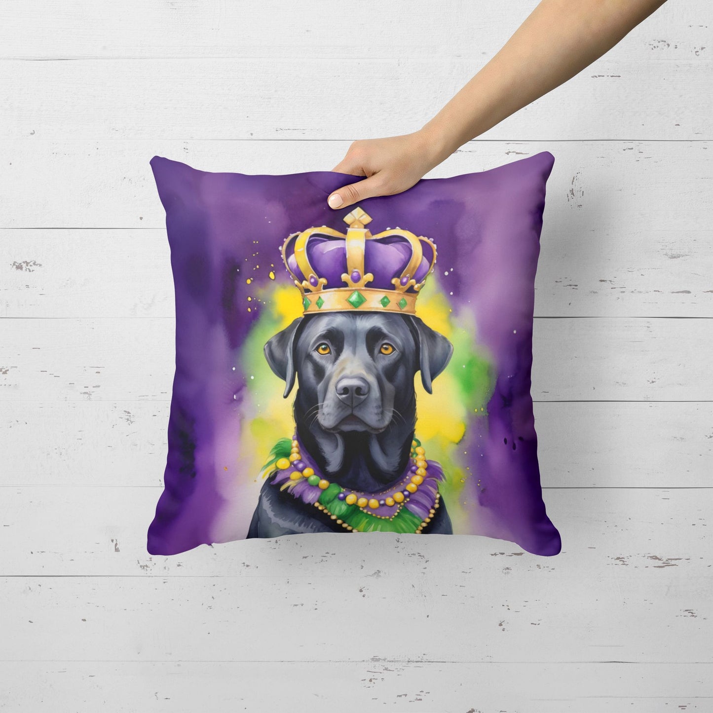 Labrador Retriever King of Mardi Gras Throw Pillow Machine Washable, Indoor Outdoor Decorative Pillow for Couch, Bed or Patio, 18Hx18W
