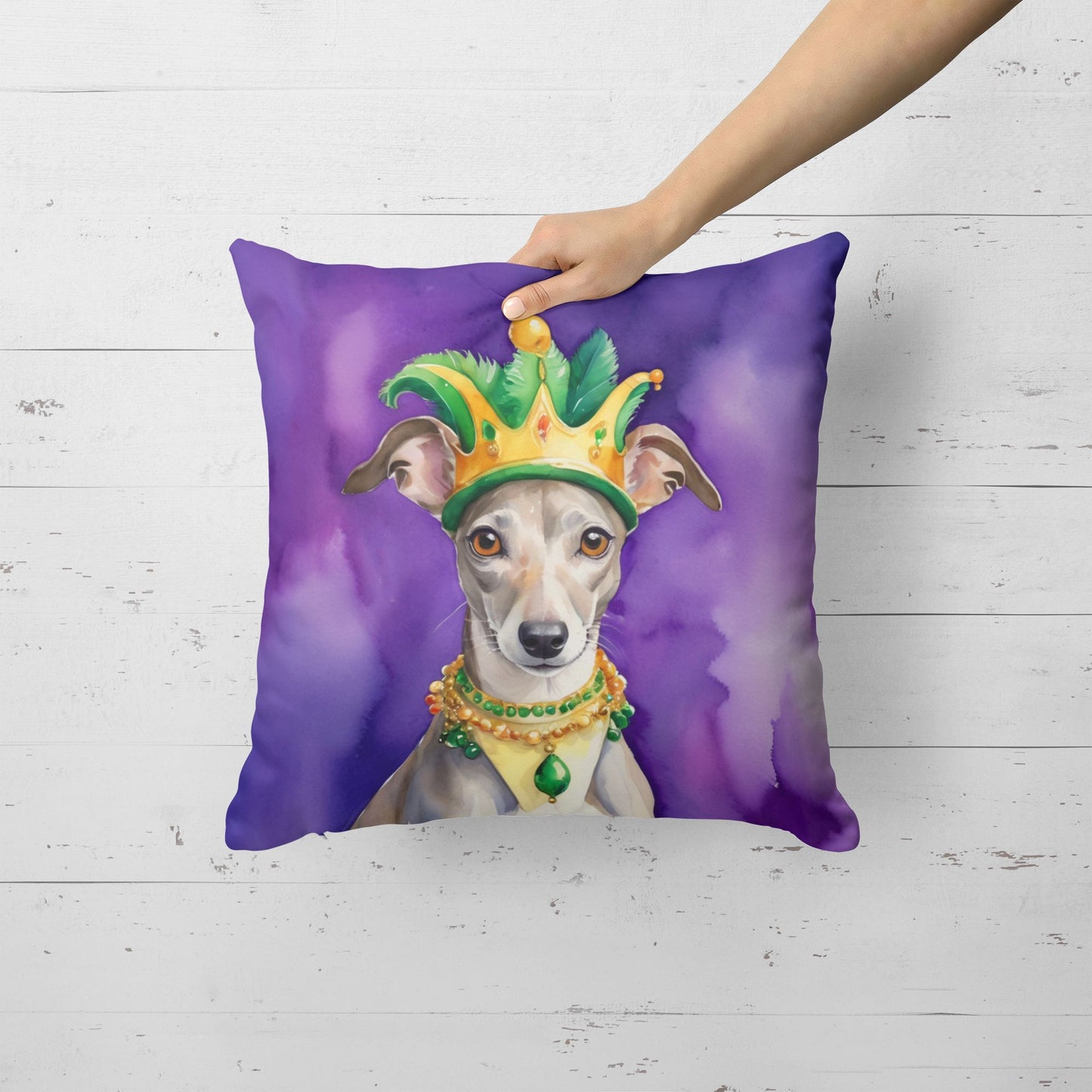 Whippet King of Mardi Gras Throw Pillow Machine Washable, Indoor Outdoor Decorative Pillow for Couch, Bed or Patio, 18Hx18W