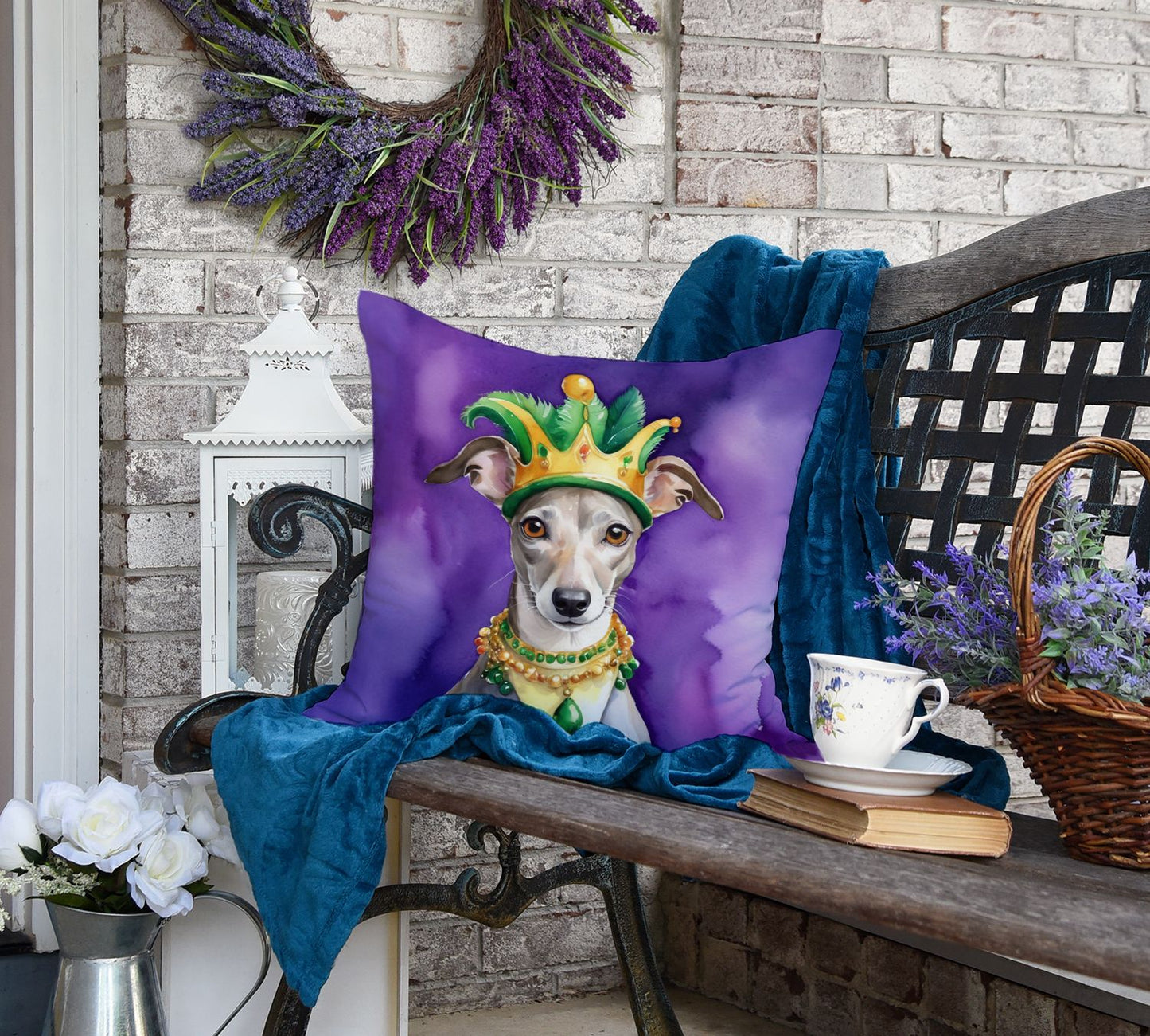 Whippet King of Mardi Gras Throw Pillow Machine Washable, Indoor Outdoor Decorative Pillow for Couch, Bed or Patio, 18Hx18W