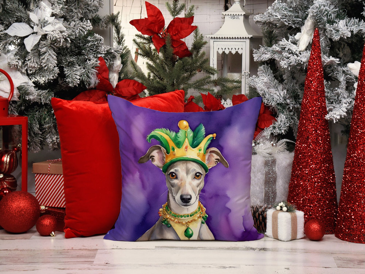 Whippet King of Mardi Gras Throw Pillow Machine Washable, Indoor Outdoor Decorative Pillow for Couch, Bed or Patio, 18Hx18W