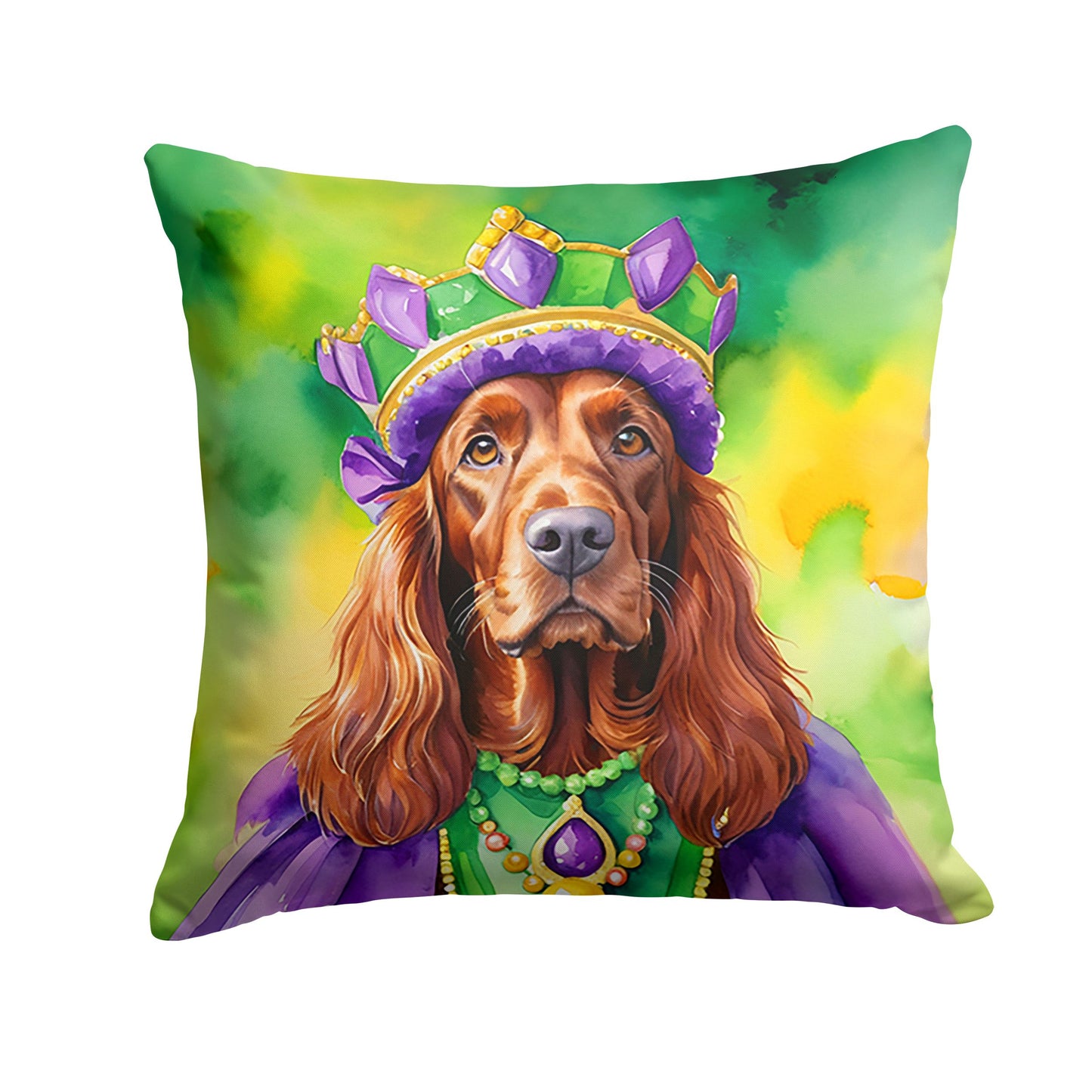 Irish Setter King of Mardi Gras Throw Pillow Machine Washable, Indoor Outdoor Decorative Pillow for Couch, Bed or Patio, 18Hx18W