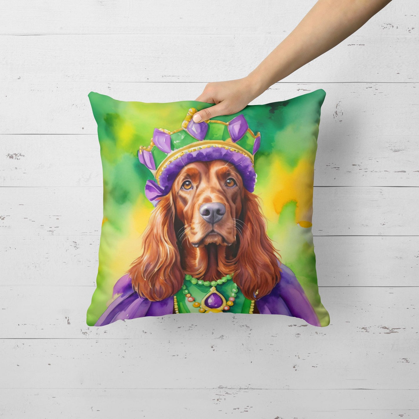 Irish Setter King of Mardi Gras Throw Pillow Machine Washable, Indoor Outdoor Decorative Pillow for Couch, Bed or Patio, 18Hx18W