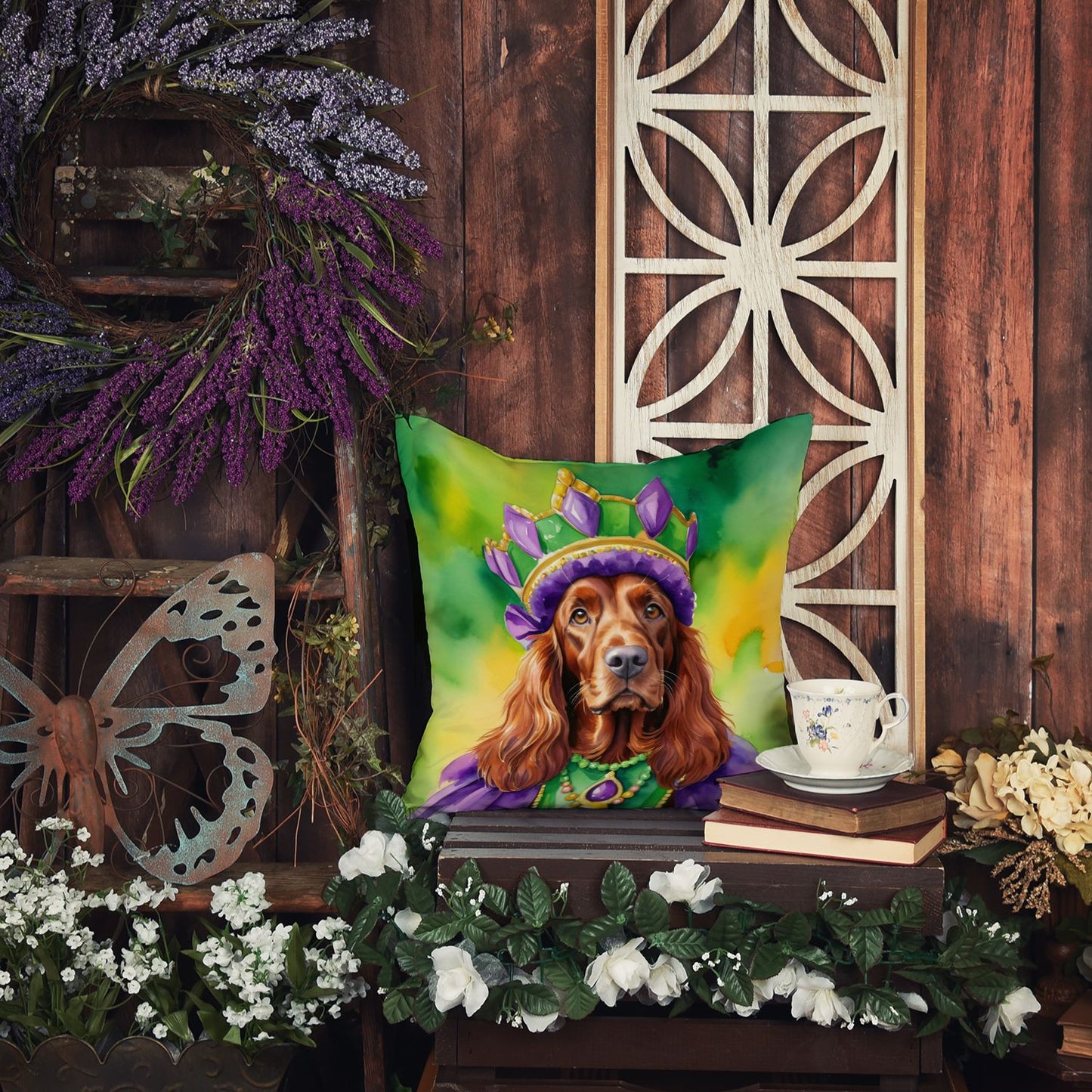 Irish Setter King of Mardi Gras Throw Pillow Machine Washable, Indoor Outdoor Decorative Pillow for Couch, Bed or Patio, 18Hx18W