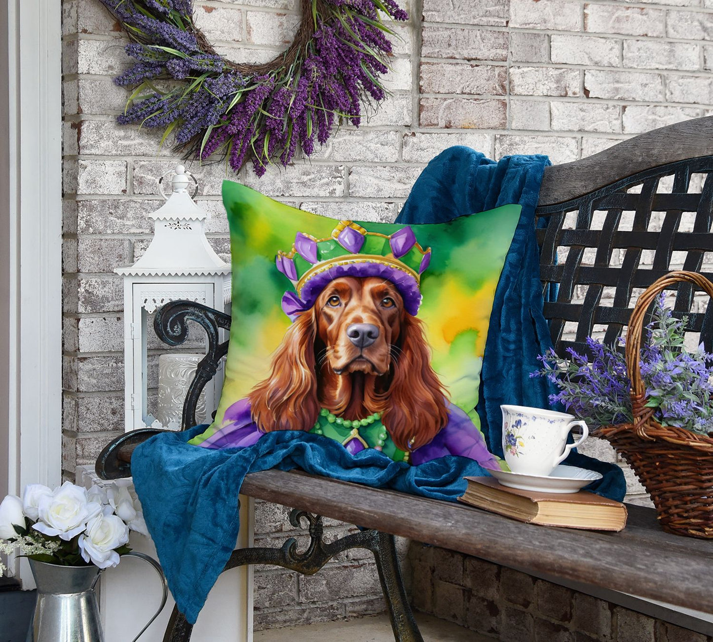 Irish Setter King of Mardi Gras Throw Pillow Machine Washable, Indoor Outdoor Decorative Pillow for Couch, Bed or Patio, 18Hx18W