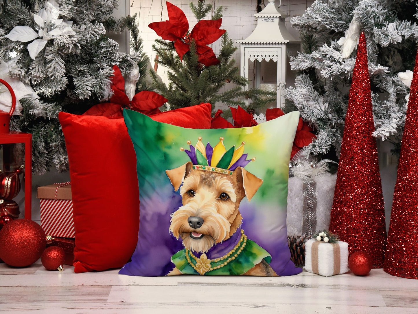 Lakeland Terrier King of Mardi Gras Throw Pillow Machine Washable, Indoor Outdoor Decorative Pillow for Couch, Bed or Patio, 18Hx18W