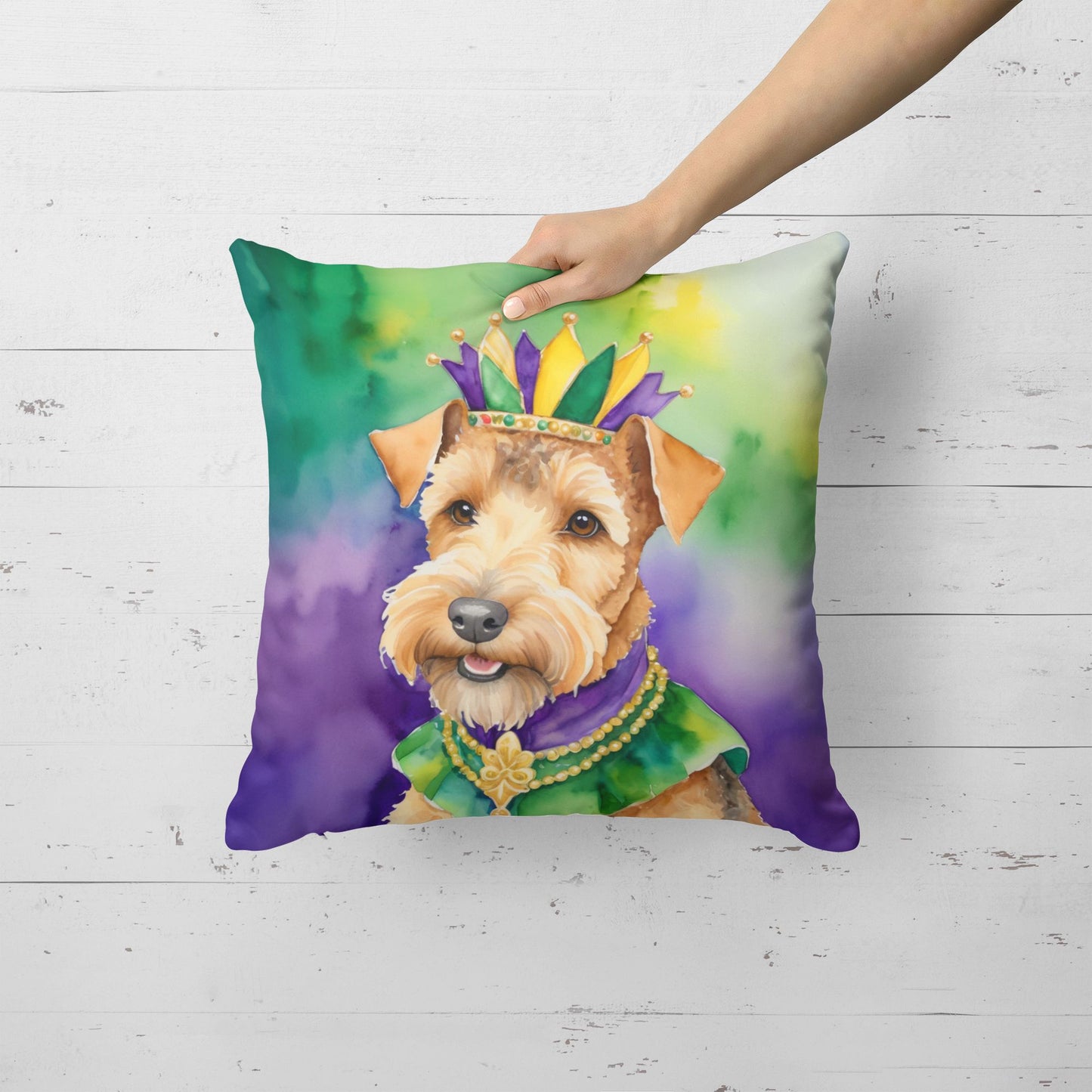 Lakeland Terrier King of Mardi Gras Throw Pillow Machine Washable, Indoor Outdoor Decorative Pillow for Couch, Bed or Patio, 18Hx18W