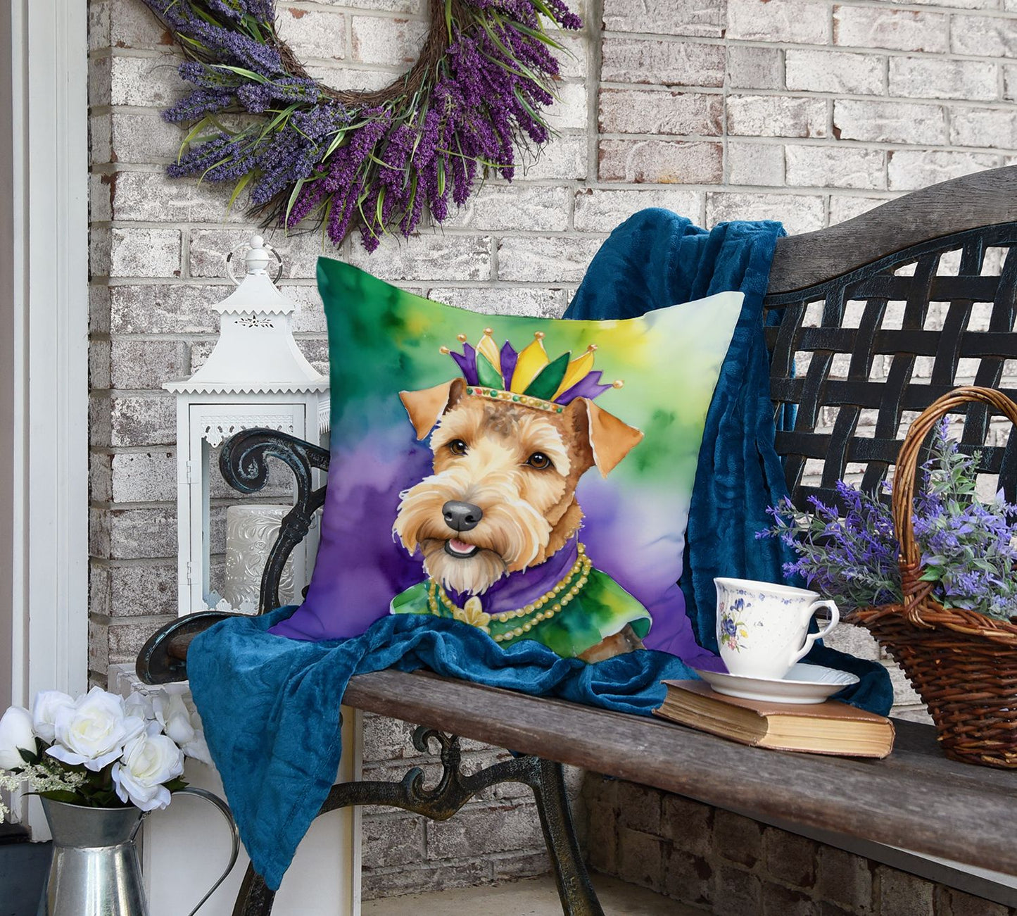 Lakeland Terrier King of Mardi Gras Throw Pillow Machine Washable, Indoor Outdoor Decorative Pillow for Couch, Bed or Patio, 18Hx18W