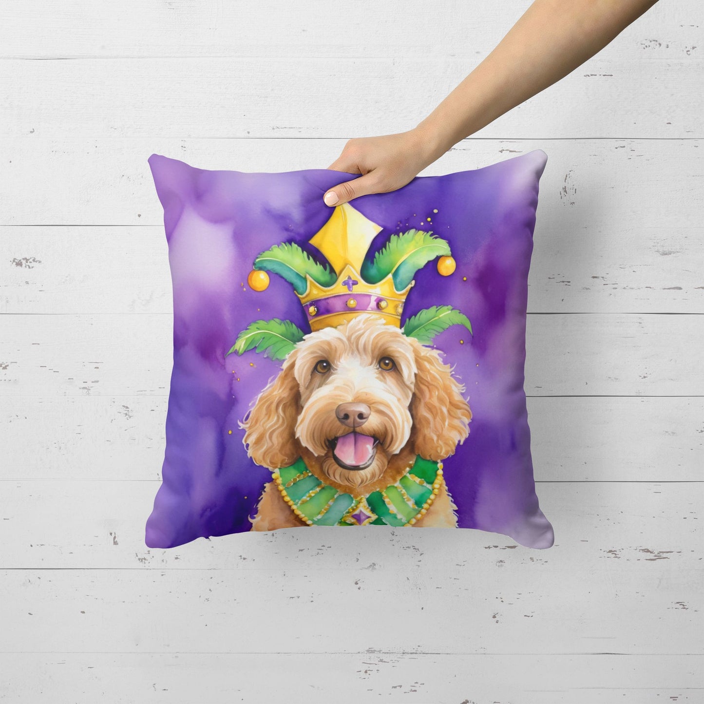 Labradoodle King of Mardi Gras Throw Pillow Machine Washable, Indoor Outdoor Decorative Pillow for Couch, Bed or Patio, 18Hx18W