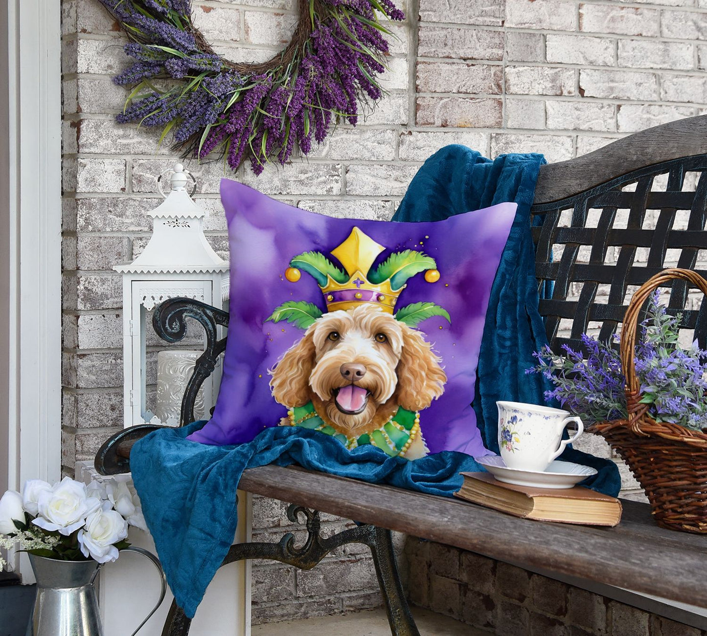 Labradoodle King of Mardi Gras Throw Pillow Machine Washable, Indoor Outdoor Decorative Pillow for Couch, Bed or Patio, 18Hx18W