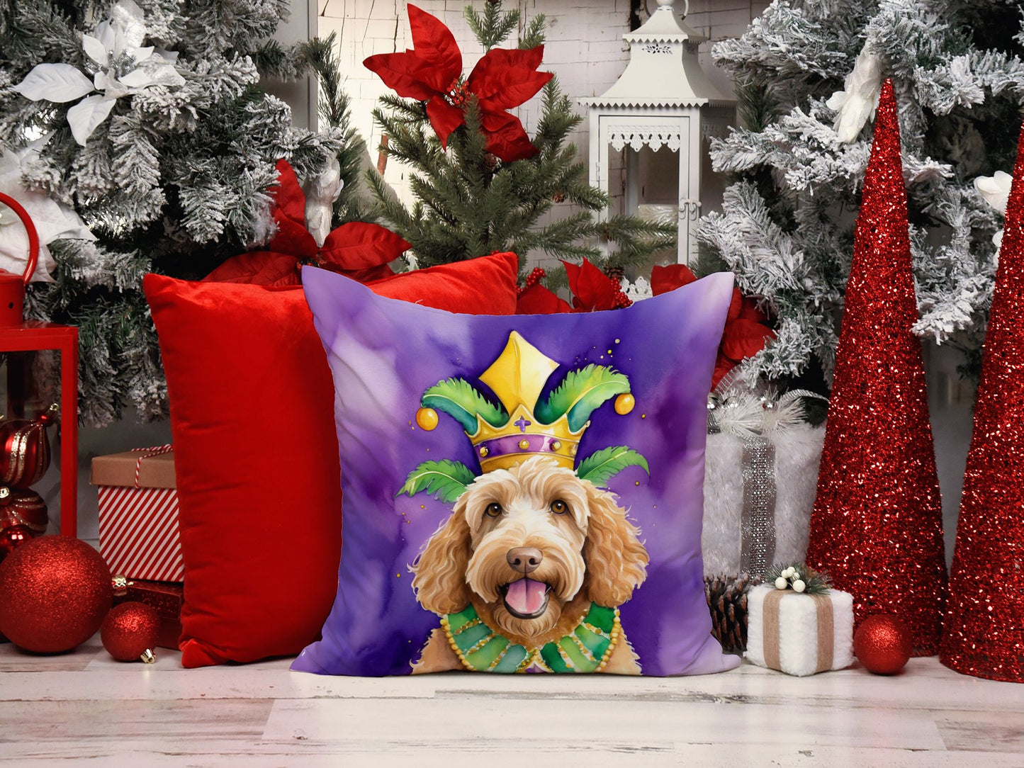 Labradoodle King of Mardi Gras Throw Pillow Machine Washable, Indoor Outdoor Decorative Pillow for Couch, Bed or Patio, 18Hx18W
