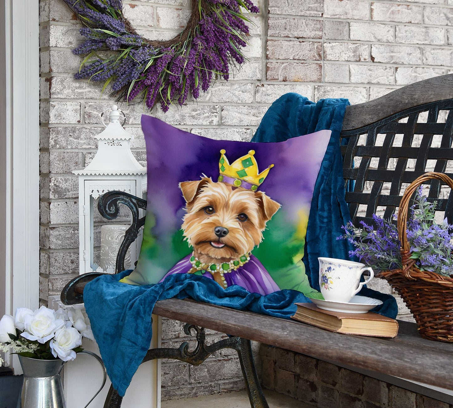 Norfolk Terrier King of Mardi Gras Throw Pillow Machine Washable, Indoor Outdoor Decorative Pillow for Couch, Bed or Patio, 18Hx18W
