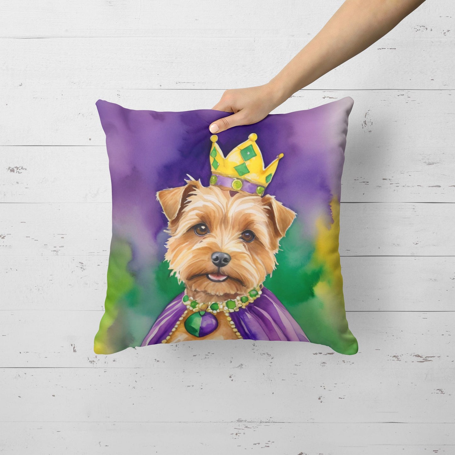Norfolk Terrier King of Mardi Gras Throw Pillow Machine Washable, Indoor Outdoor Decorative Pillow for Couch, Bed or Patio, 18Hx18W