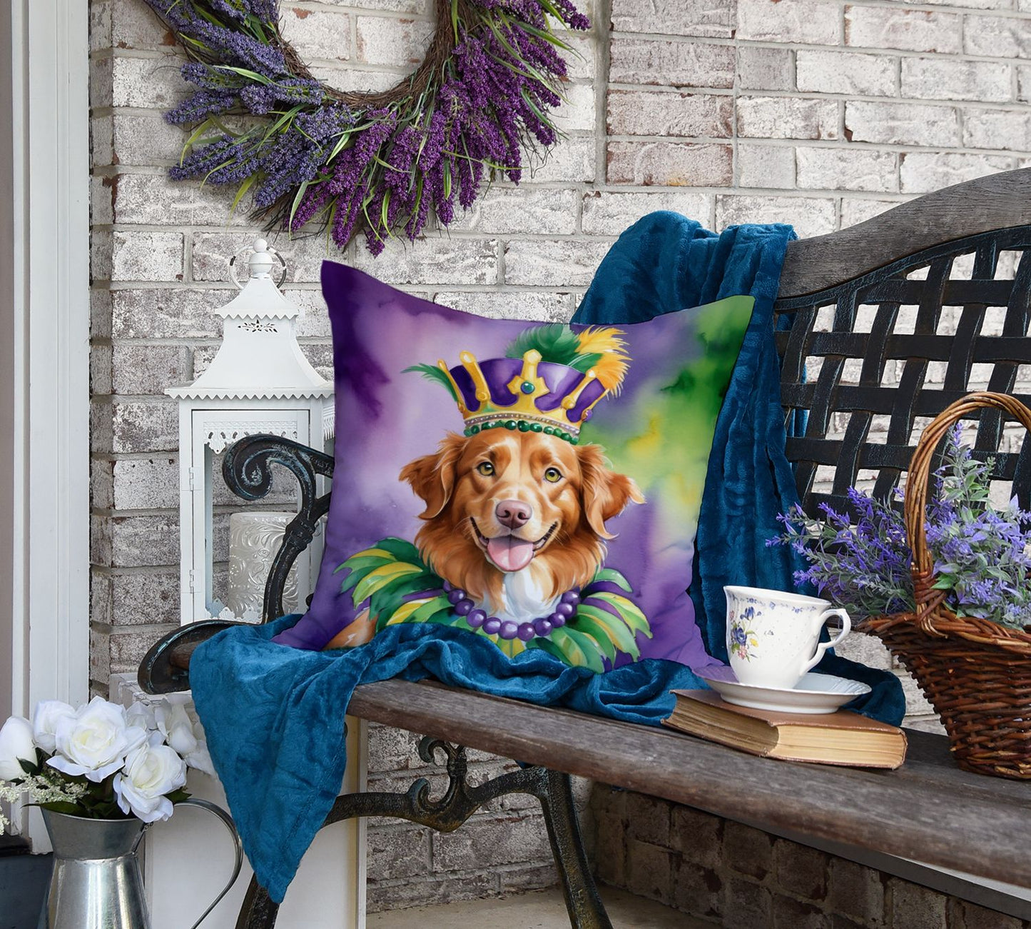 Nova Scotia Duck Tolling Retriever King of Mardi Gras Throw Pillow Machine Washable, Indoor Outdoor Decorative Pillow for Couch, Bed or Patio, 18Hx18W