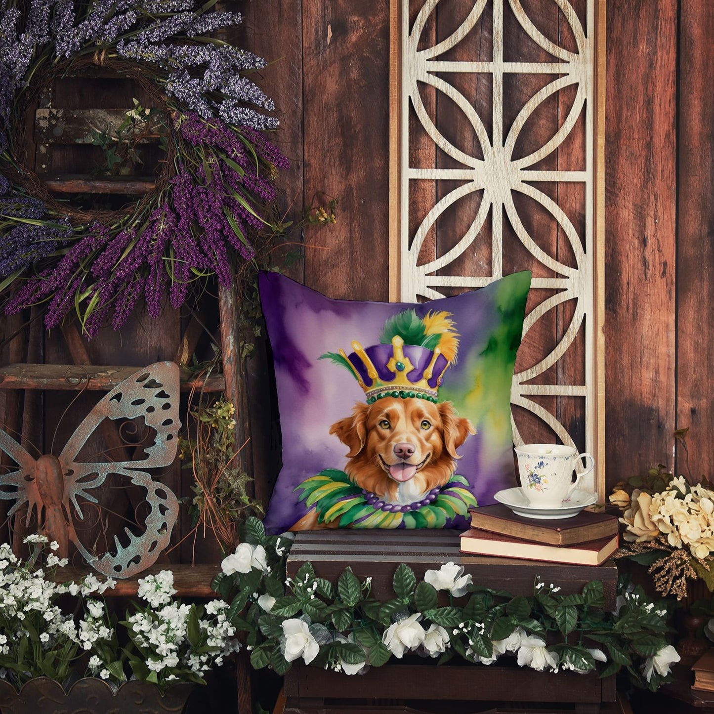 Nova Scotia Duck Tolling Retriever King of Mardi Gras Throw Pillow Machine Washable, Indoor Outdoor Decorative Pillow for Couch, Bed or Patio, 18Hx18W