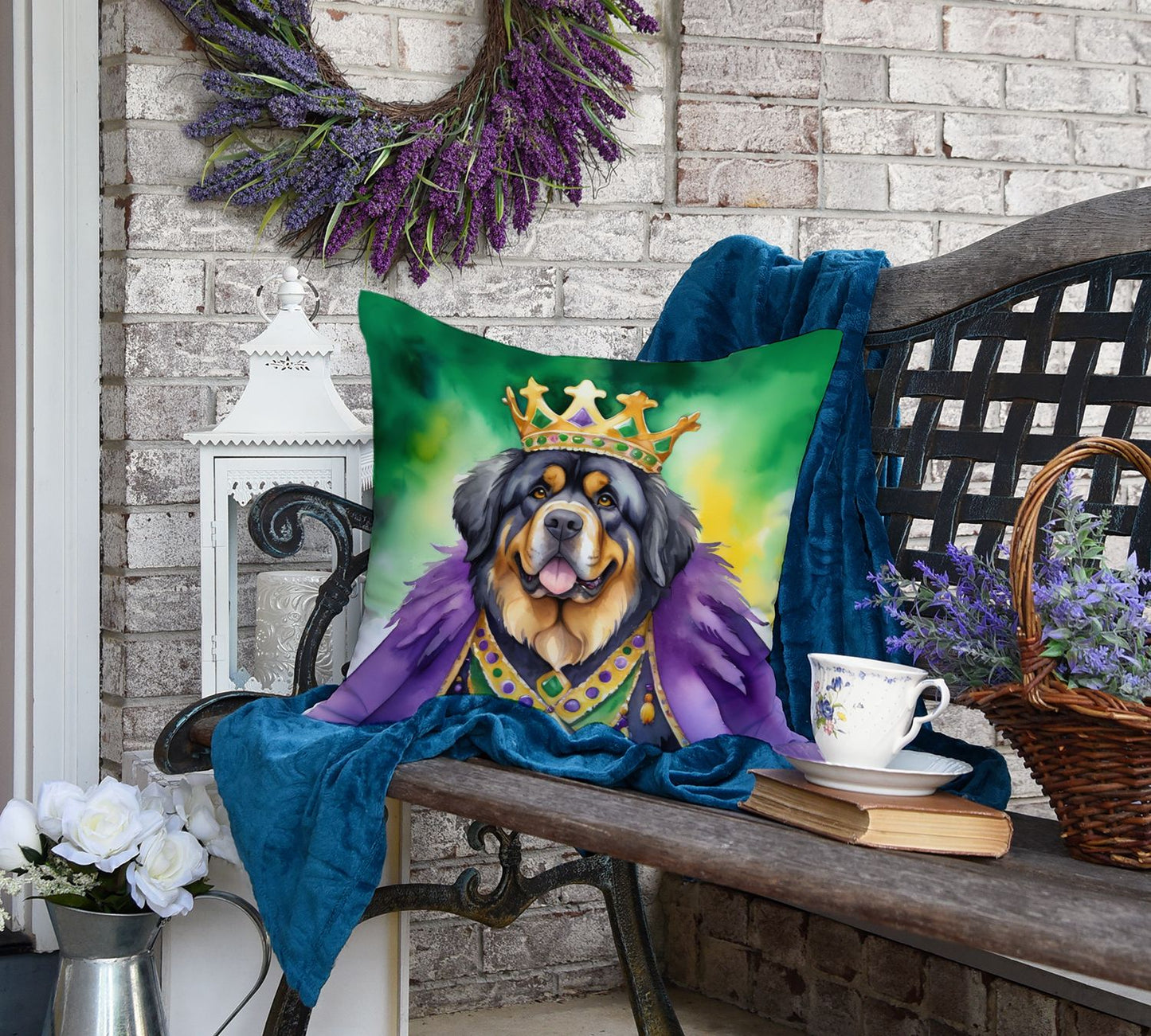 Tibetan Mastiff King of Mardi Gras Throw Pillow Machine Washable, Indoor Outdoor Decorative Pillow for Couch, Bed or Patio, 18Hx18W