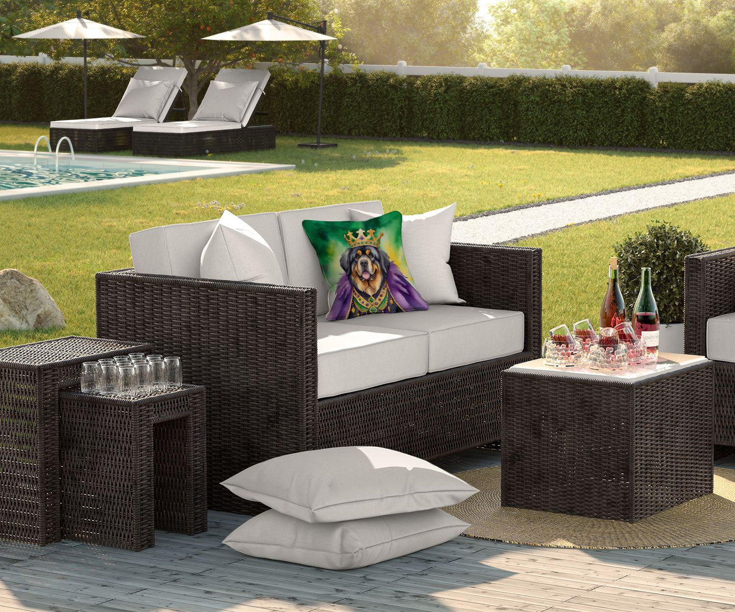 Tibetan Mastiff King of Mardi Gras Throw Pillow Machine Washable, Indoor Outdoor Decorative Pillow for Couch, Bed or Patio, 18Hx18W