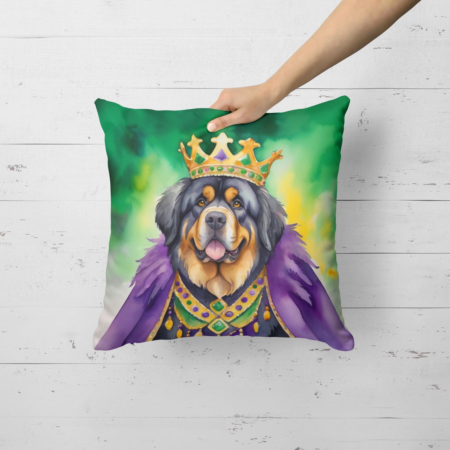 Tibetan Mastiff King of Mardi Gras Throw Pillow Machine Washable, Indoor Outdoor Decorative Pillow for Couch, Bed or Patio, 18Hx18W