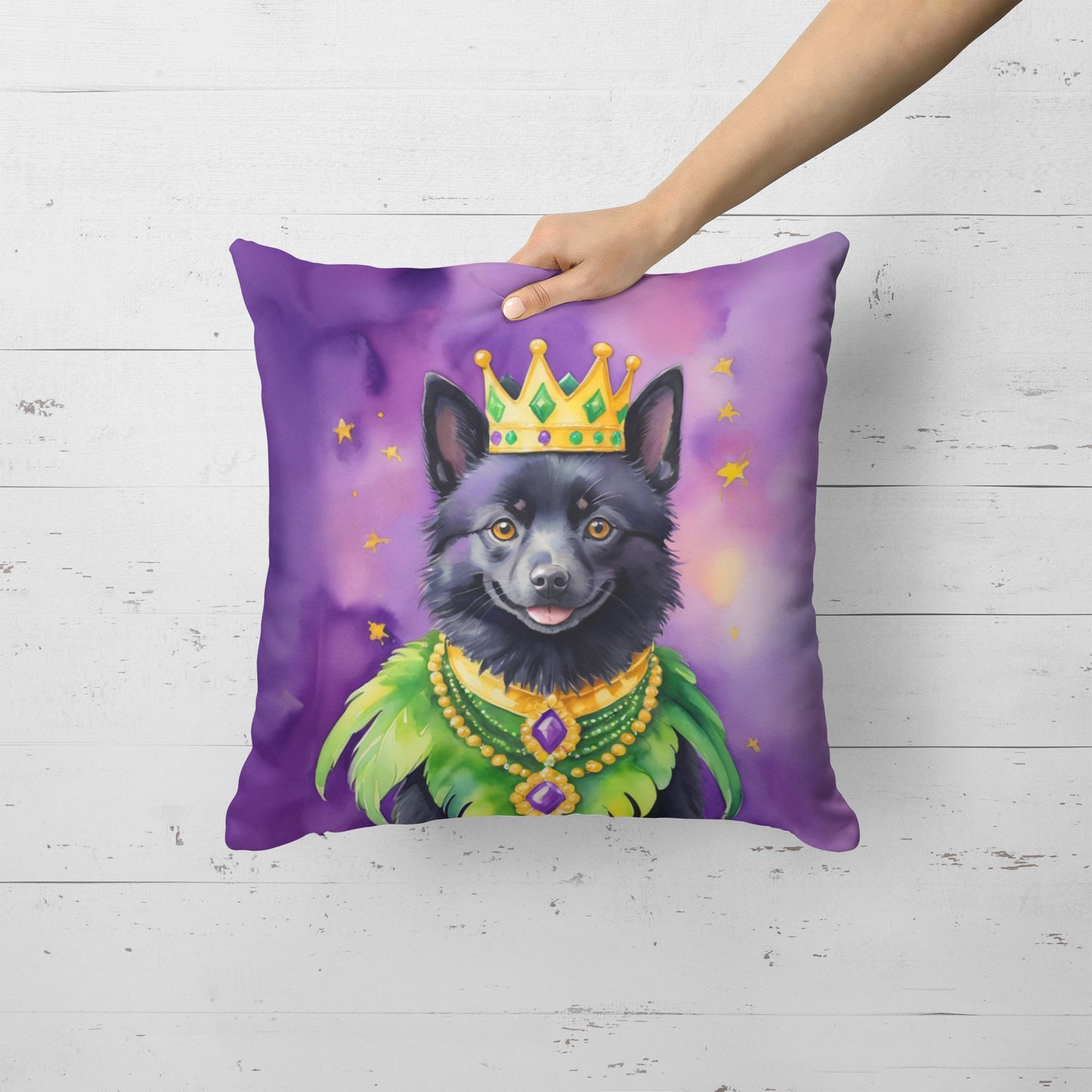 Schipperke King of Mardi Gras Throw Pillow Machine Washable, Indoor Outdoor Decorative Pillow for Couch, Bed or Patio, 18Hx18W