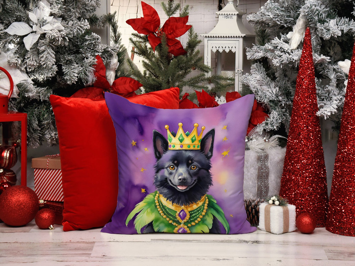 Schipperke King of Mardi Gras Throw Pillow Machine Washable, Indoor Outdoor Decorative Pillow for Couch, Bed or Patio, 18Hx18W