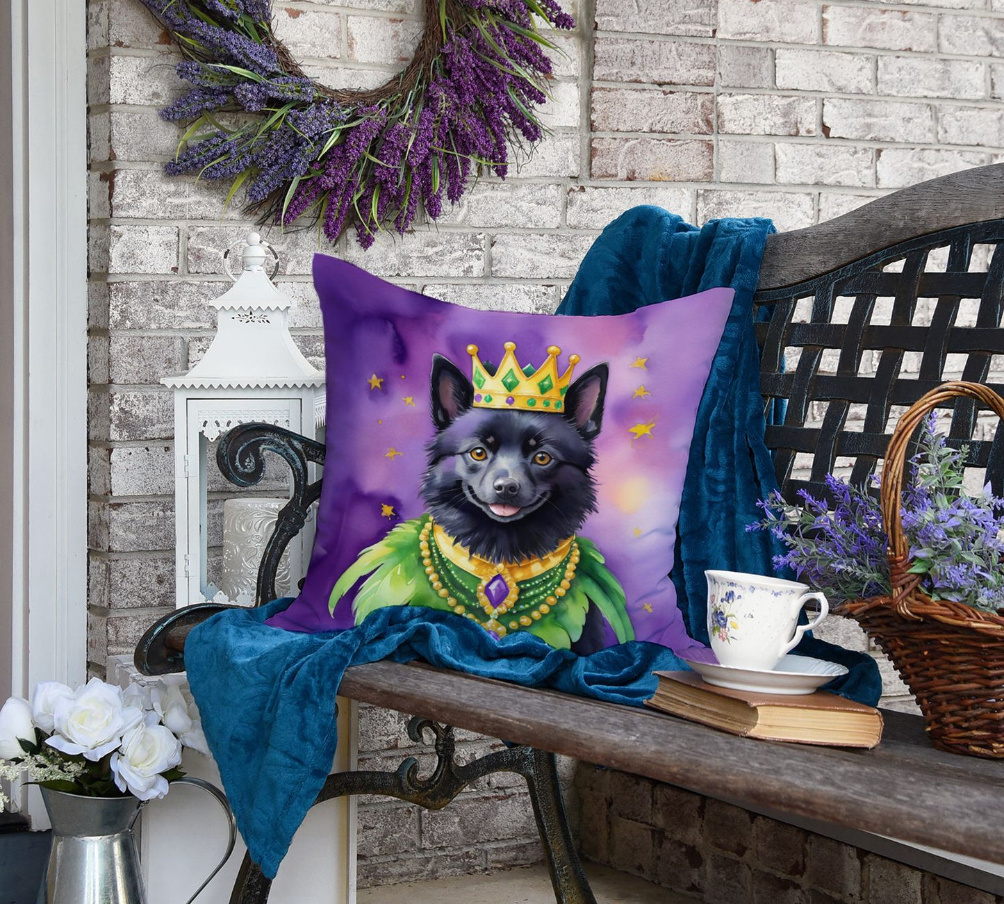 Schipperke King of Mardi Gras Throw Pillow Machine Washable, Indoor Outdoor Decorative Pillow for Couch, Bed or Patio, 18Hx18W