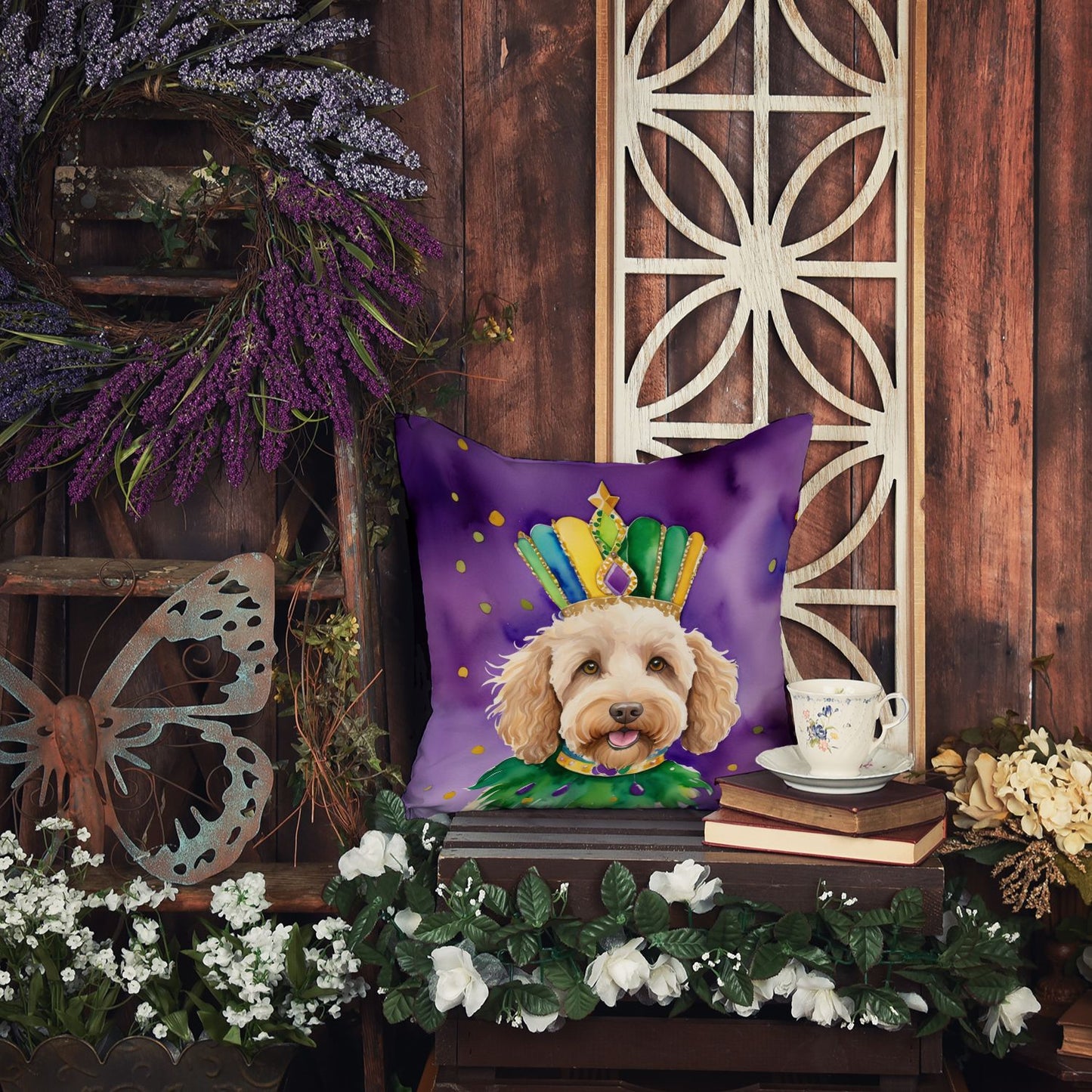 Labradoodle King of Mardi Gras Throw Pillow Machine Washable, Indoor Outdoor Decorative Pillow for Couch, Bed or Patio, 18Hx18W