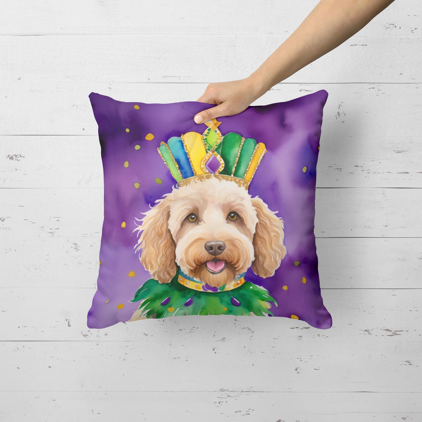 Labradoodle King of Mardi Gras Throw Pillow Machine Washable, Indoor Outdoor Decorative Pillow for Couch, Bed or Patio, 18Hx18W