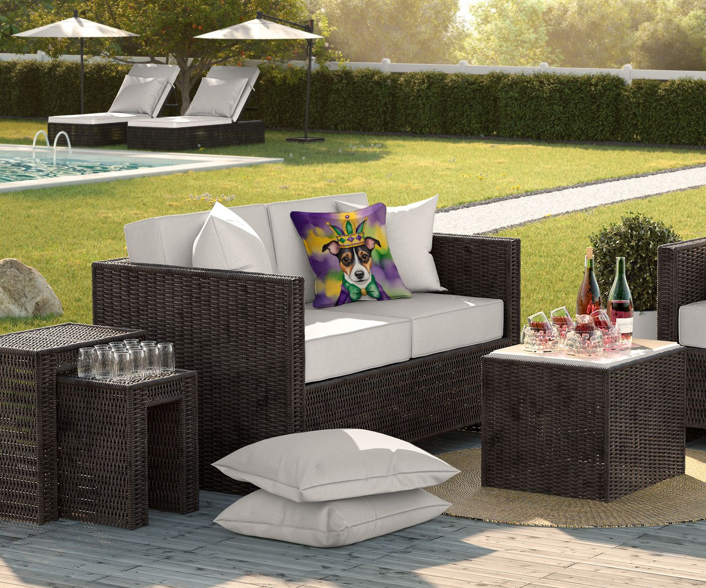 Jack Russell Terrier King of Mardi Gras Throw Pillow Machine Washable, Indoor Outdoor Decorative Pillow for Couch, Bed or Patio, 18Hx18W