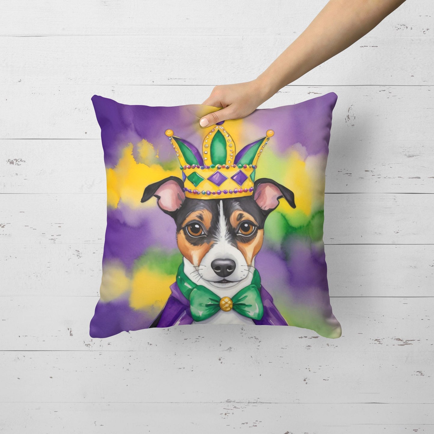 Jack Russell Terrier King of Mardi Gras Throw Pillow Machine Washable, Indoor Outdoor Decorative Pillow for Couch, Bed or Patio, 18Hx18W