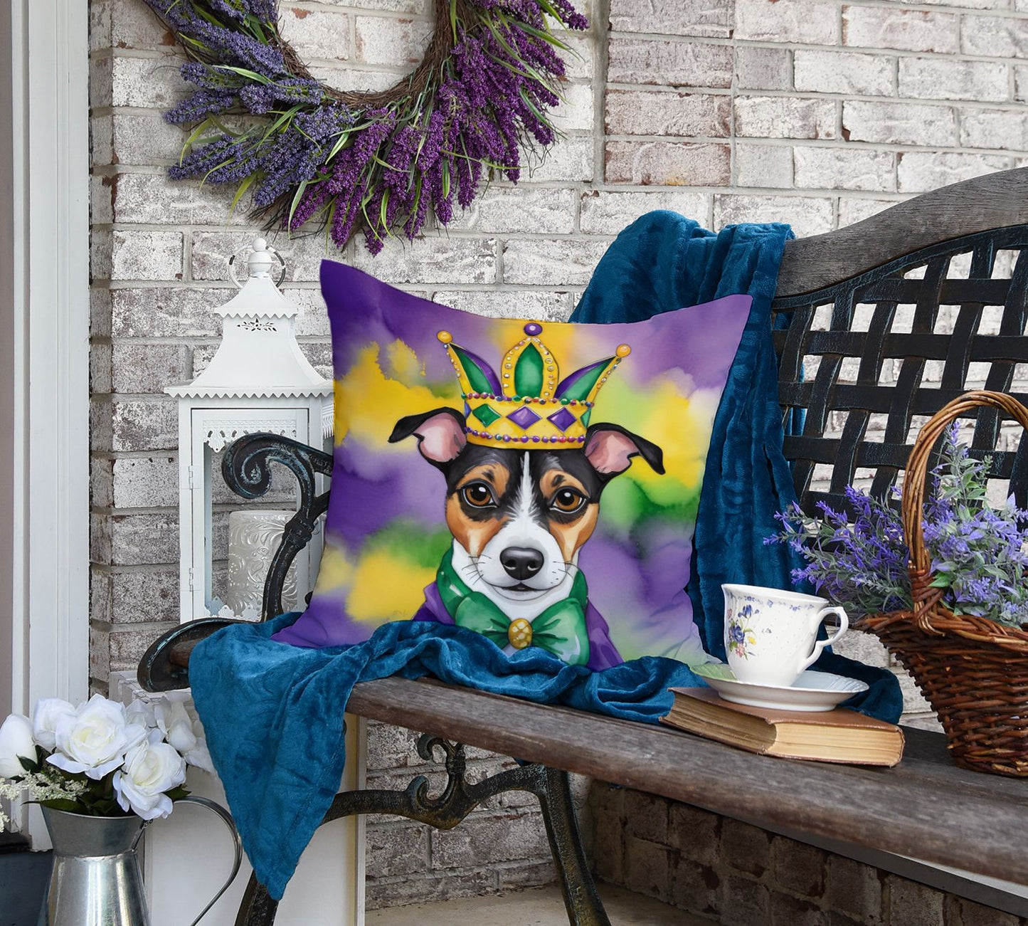 Jack Russell Terrier King of Mardi Gras Throw Pillow Machine Washable, Indoor Outdoor Decorative Pillow for Couch, Bed or Patio, 18Hx18W