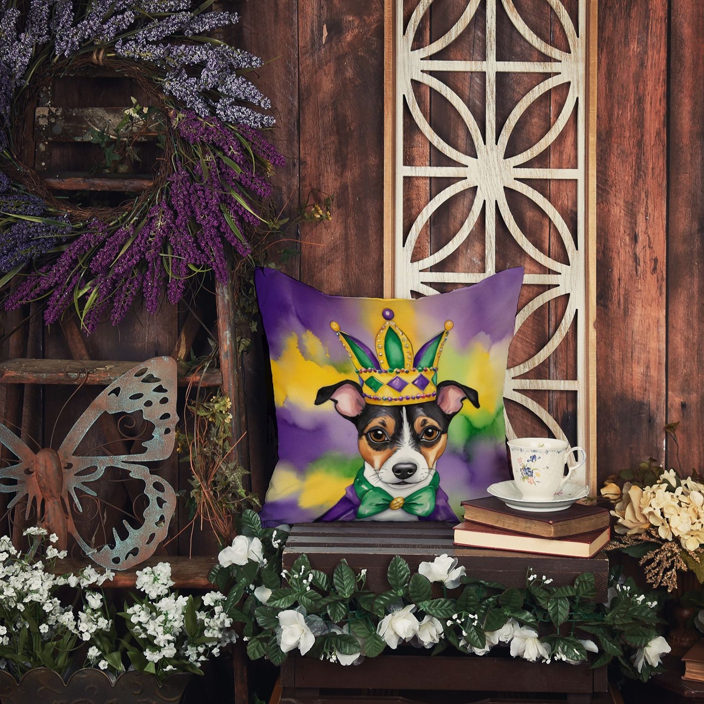 Jack Russell Terrier King of Mardi Gras Throw Pillow Machine Washable, Indoor Outdoor Decorative Pillow for Couch, Bed or Patio, 18Hx18W