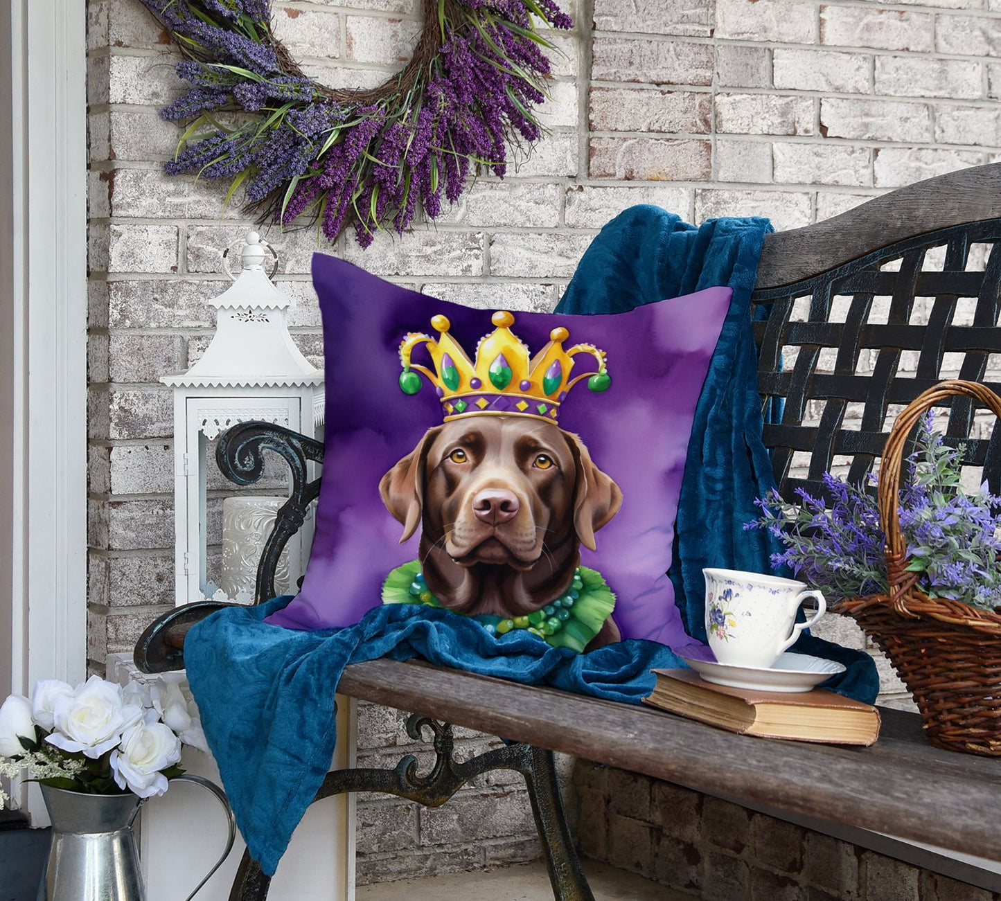 Labrador Retriever King of Mardi Gras Throw Pillow Machine Washable, Indoor Outdoor Decorative Pillow for Couch, Bed or Patio, 18Hx18W