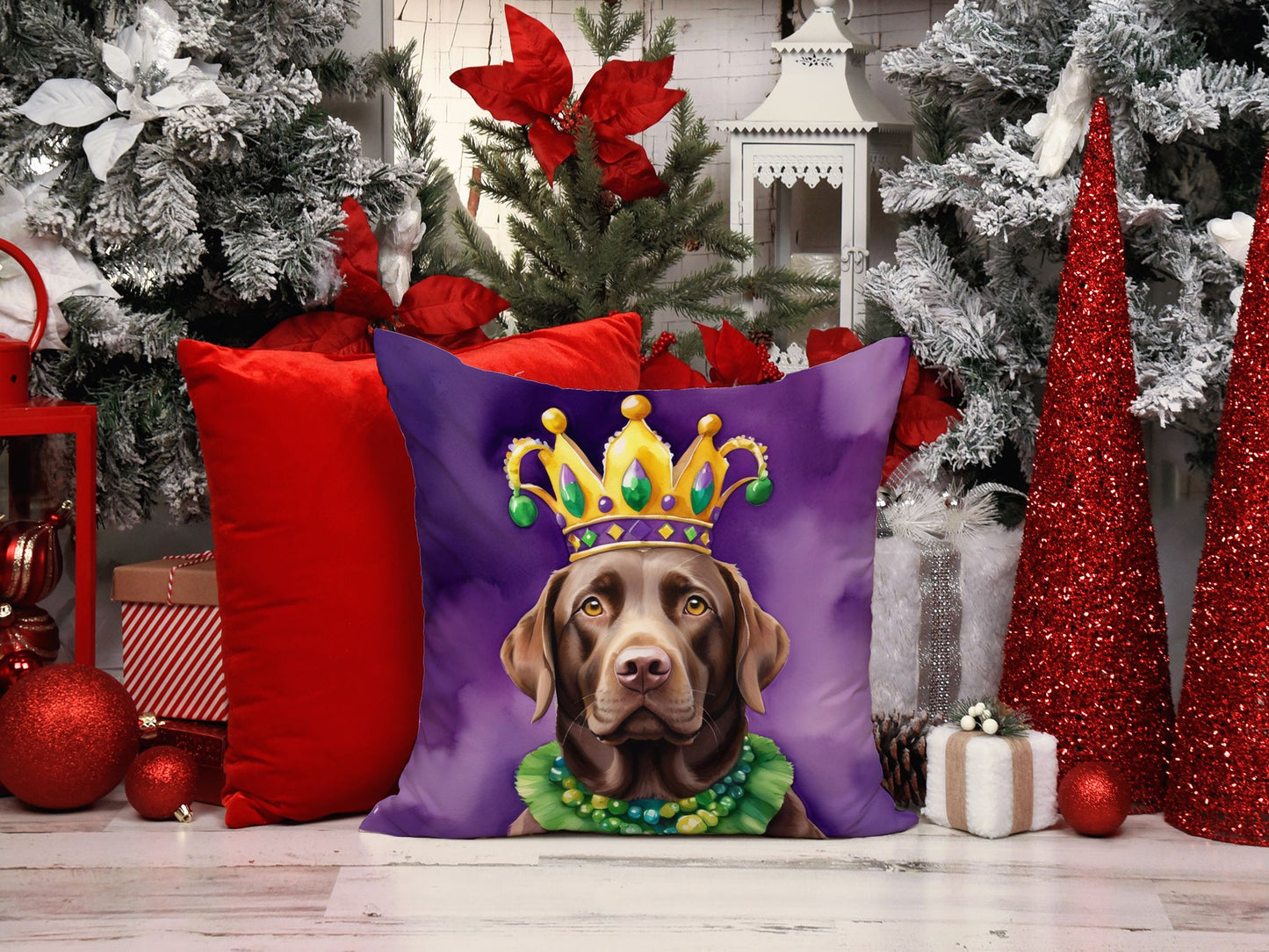 Labrador Retriever King of Mardi Gras Throw Pillow Machine Washable, Indoor Outdoor Decorative Pillow for Couch, Bed or Patio, 18Hx18W
