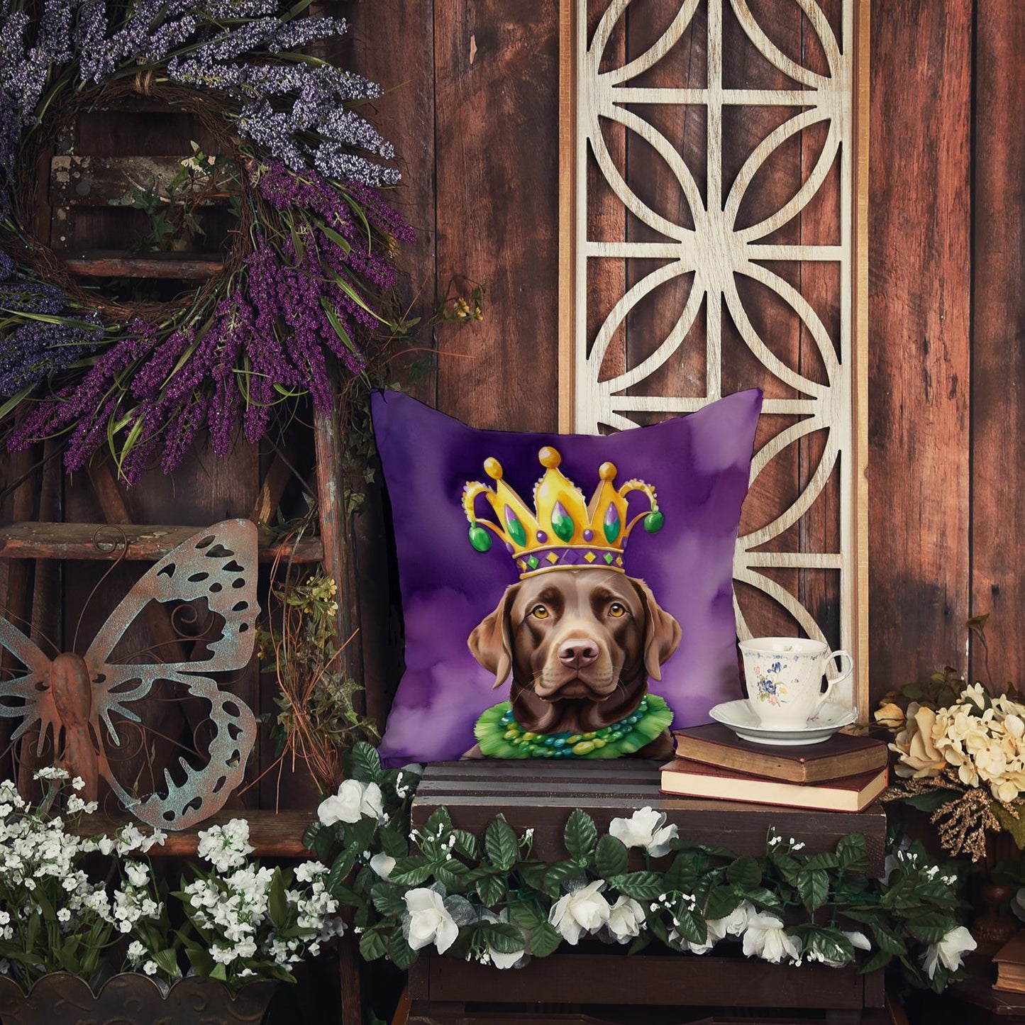Labrador Retriever King of Mardi Gras Throw Pillow Machine Washable, Indoor Outdoor Decorative Pillow for Couch, Bed or Patio, 18Hx18W