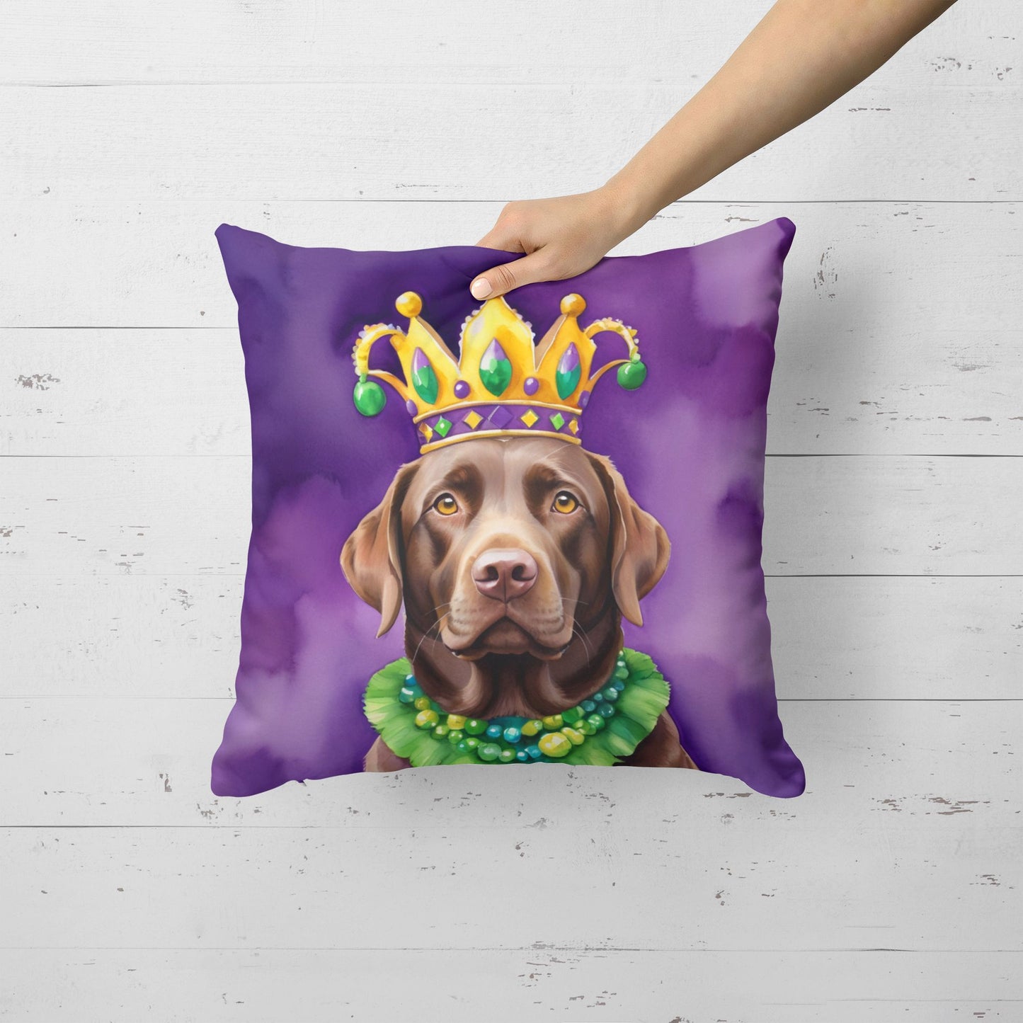 Labrador Retriever King of Mardi Gras Throw Pillow Machine Washable, Indoor Outdoor Decorative Pillow for Couch, Bed or Patio, 18Hx18W