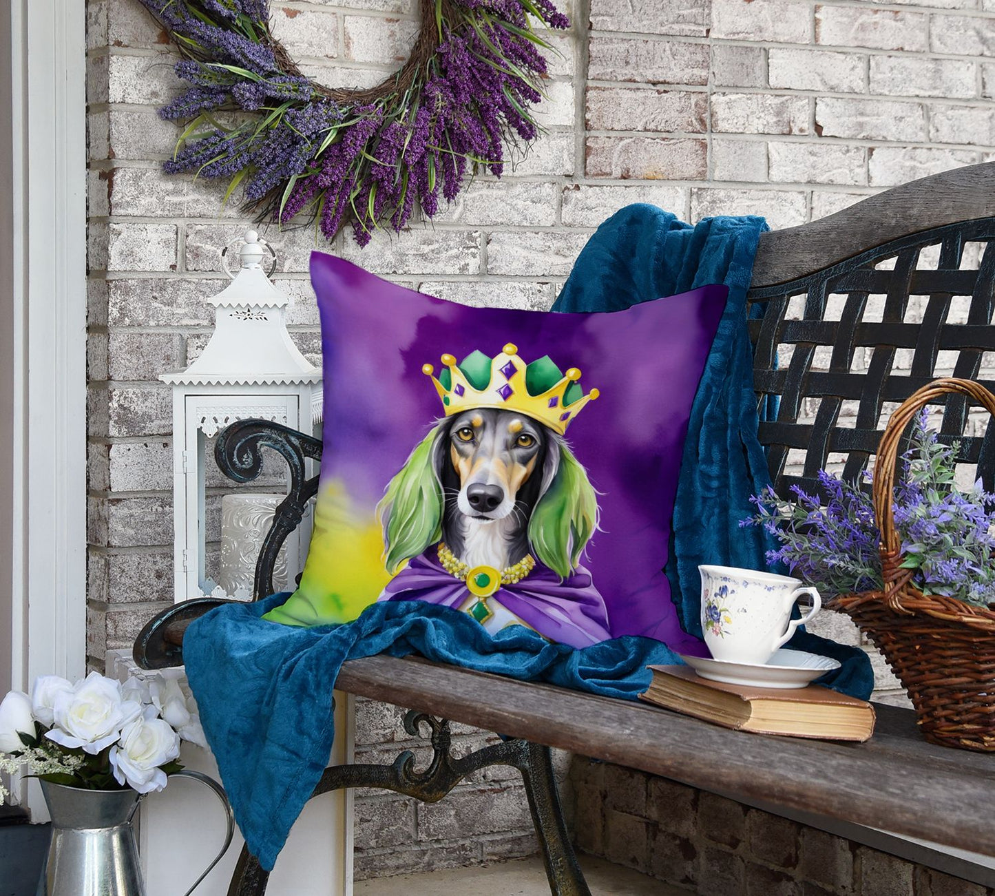 Saluki King of Mardi Gras Throw Pillow Machine Washable, Indoor Outdoor Decorative Pillow for Couch, Bed or Patio, 18Hx18W