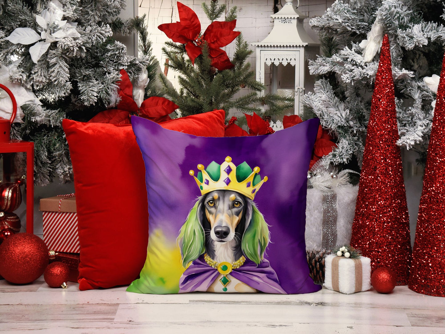 Saluki King of Mardi Gras Throw Pillow Machine Washable, Indoor Outdoor Decorative Pillow for Couch, Bed or Patio, 18Hx18W