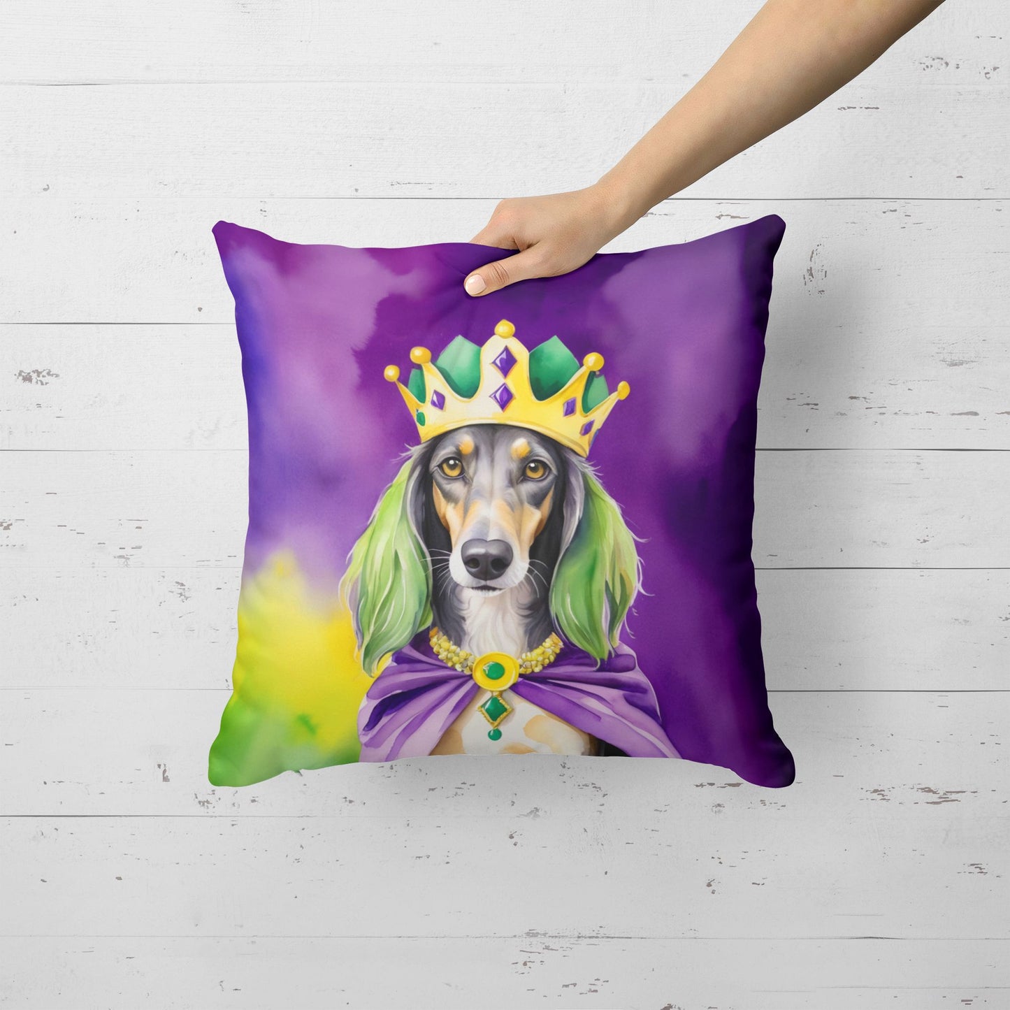Saluki King of Mardi Gras Throw Pillow Machine Washable, Indoor Outdoor Decorative Pillow for Couch, Bed or Patio, 18Hx18W