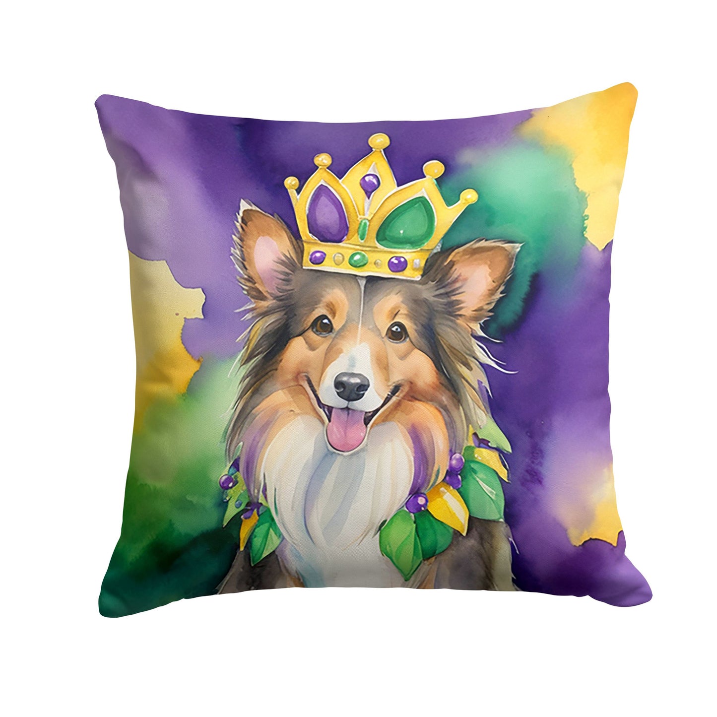 Sheltie King of Mardi Gras Throw Pillow Machine Washable, Indoor Outdoor Decorative Pillow for Couch, Bed or Patio, 18Hx18W