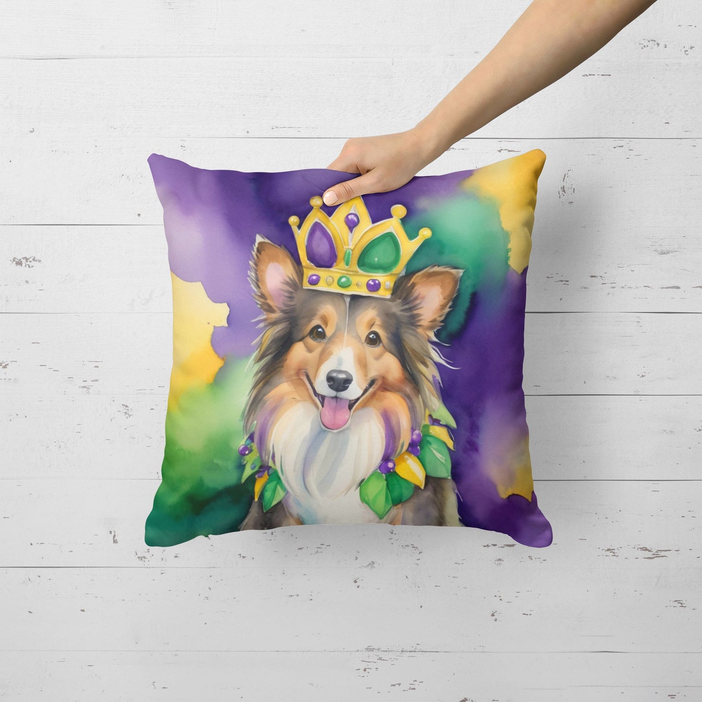 Sheltie King of Mardi Gras Throw Pillow Machine Washable, Indoor Outdoor Decorative Pillow for Couch, Bed or Patio, 18Hx18W