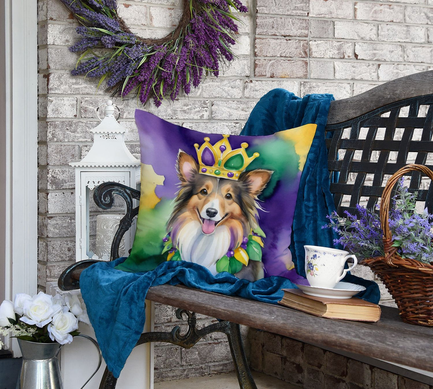 Sheltie King of Mardi Gras Throw Pillow Machine Washable, Indoor Outdoor Decorative Pillow for Couch, Bed or Patio, 18Hx18W