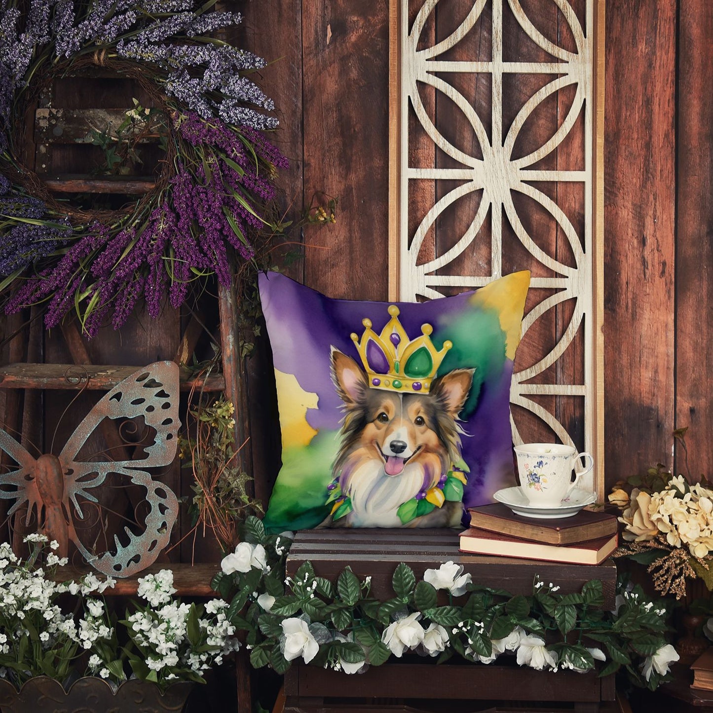 Sheltie King of Mardi Gras Throw Pillow Machine Washable, Indoor Outdoor Decorative Pillow for Couch, Bed or Patio, 18Hx18W