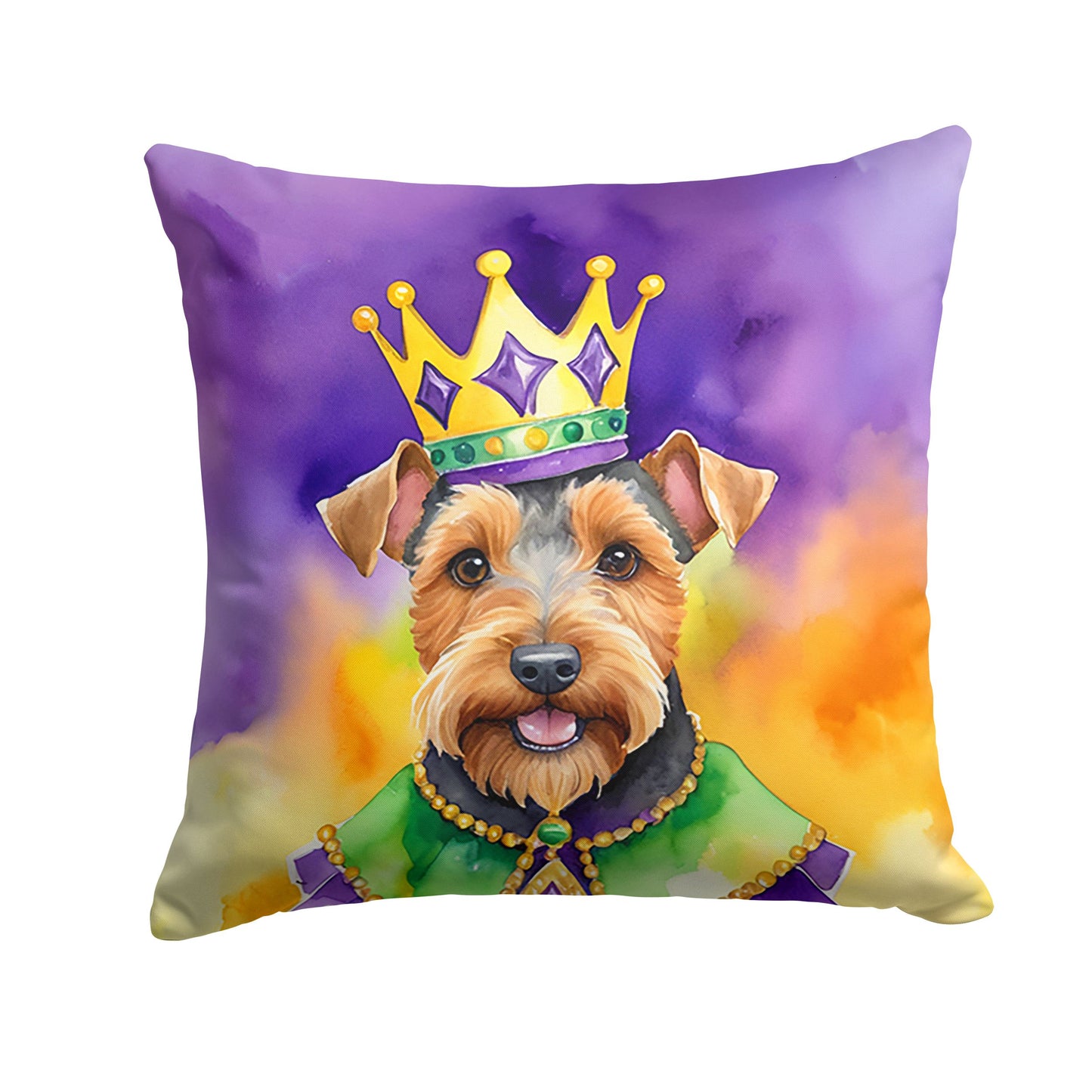 Welsh Terrier King of Mardi Gras Throw Pillow Machine Washable, Indoor Outdoor Decorative Pillow for Couch, Bed or Patio, 18Hx18W