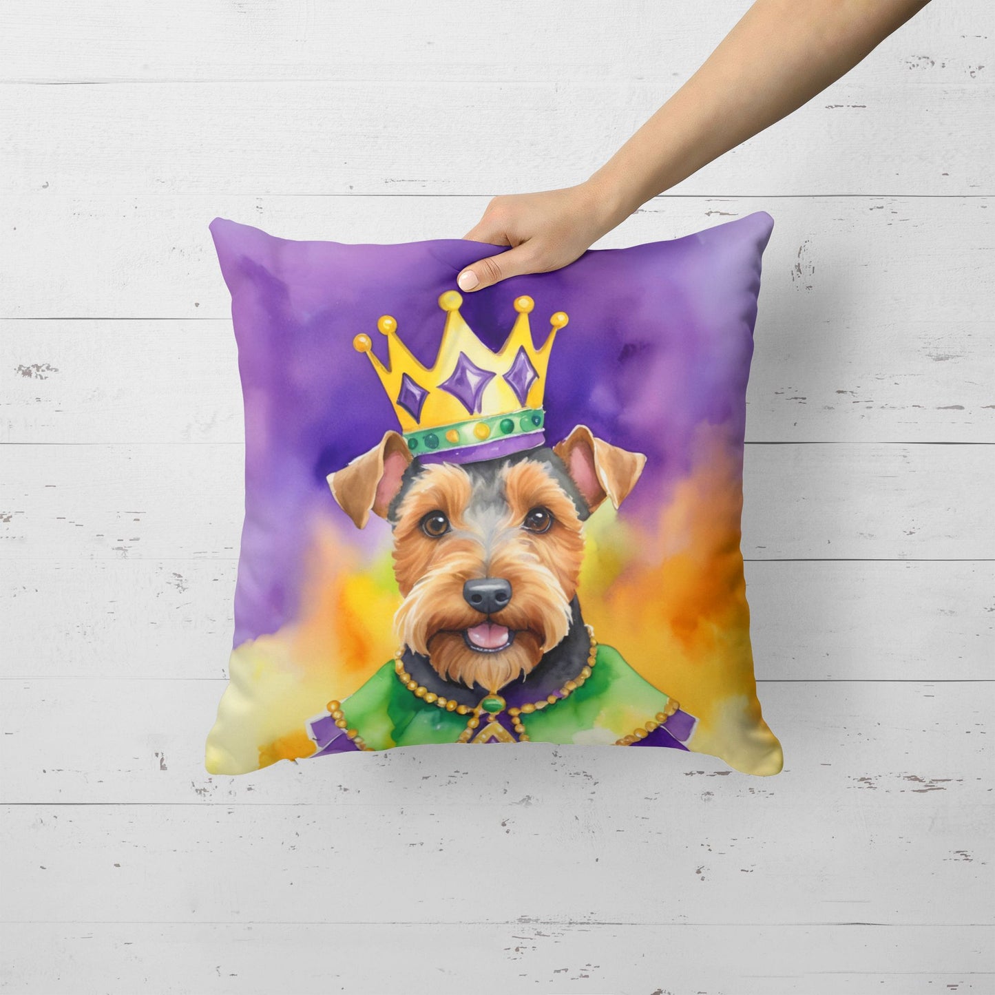 Welsh Terrier King of Mardi Gras Throw Pillow Machine Washable, Indoor Outdoor Decorative Pillow for Couch, Bed or Patio, 18Hx18W