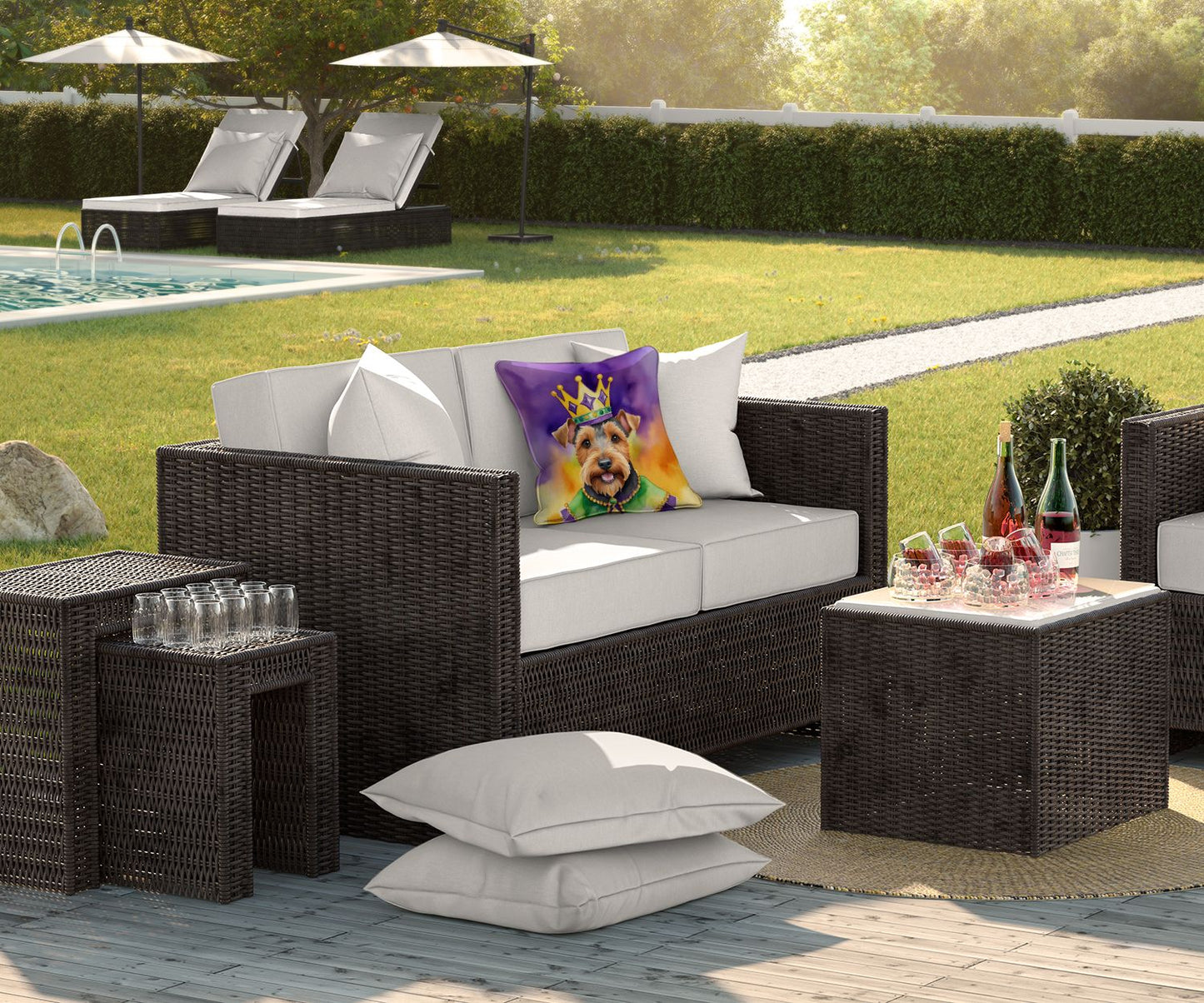 Welsh Terrier King of Mardi Gras Throw Pillow Machine Washable, Indoor Outdoor Decorative Pillow for Couch, Bed or Patio, 18Hx18W