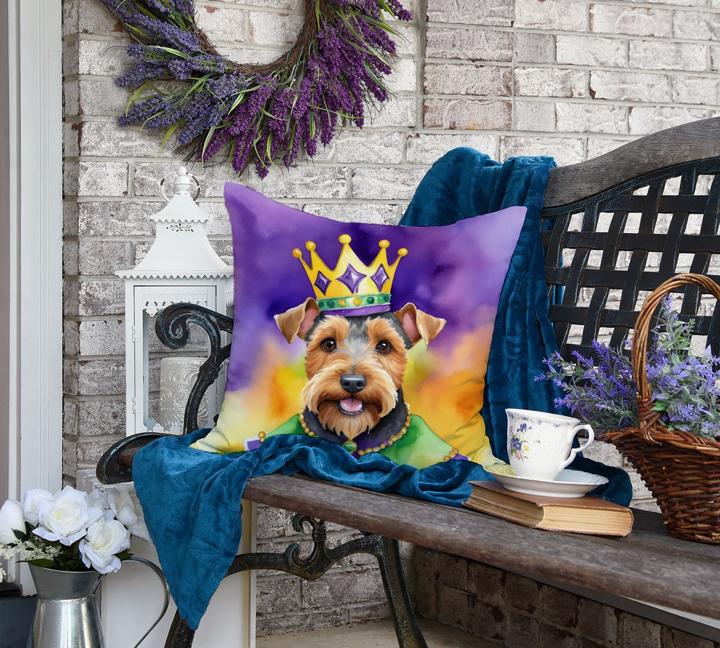 Welsh Terrier King of Mardi Gras Throw Pillow Machine Washable, Indoor Outdoor Decorative Pillow for Couch, Bed or Patio, 18Hx18W